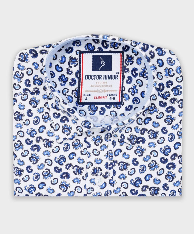 Boys Slim Fit Casual Paisley Shirt - White - Navy Blue