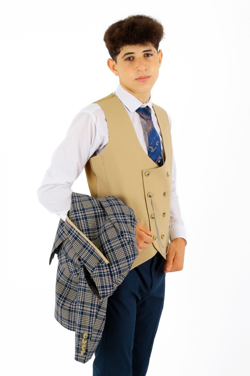 Boys Plaid Check Slim Fit Suit - Navy Blue- Beige