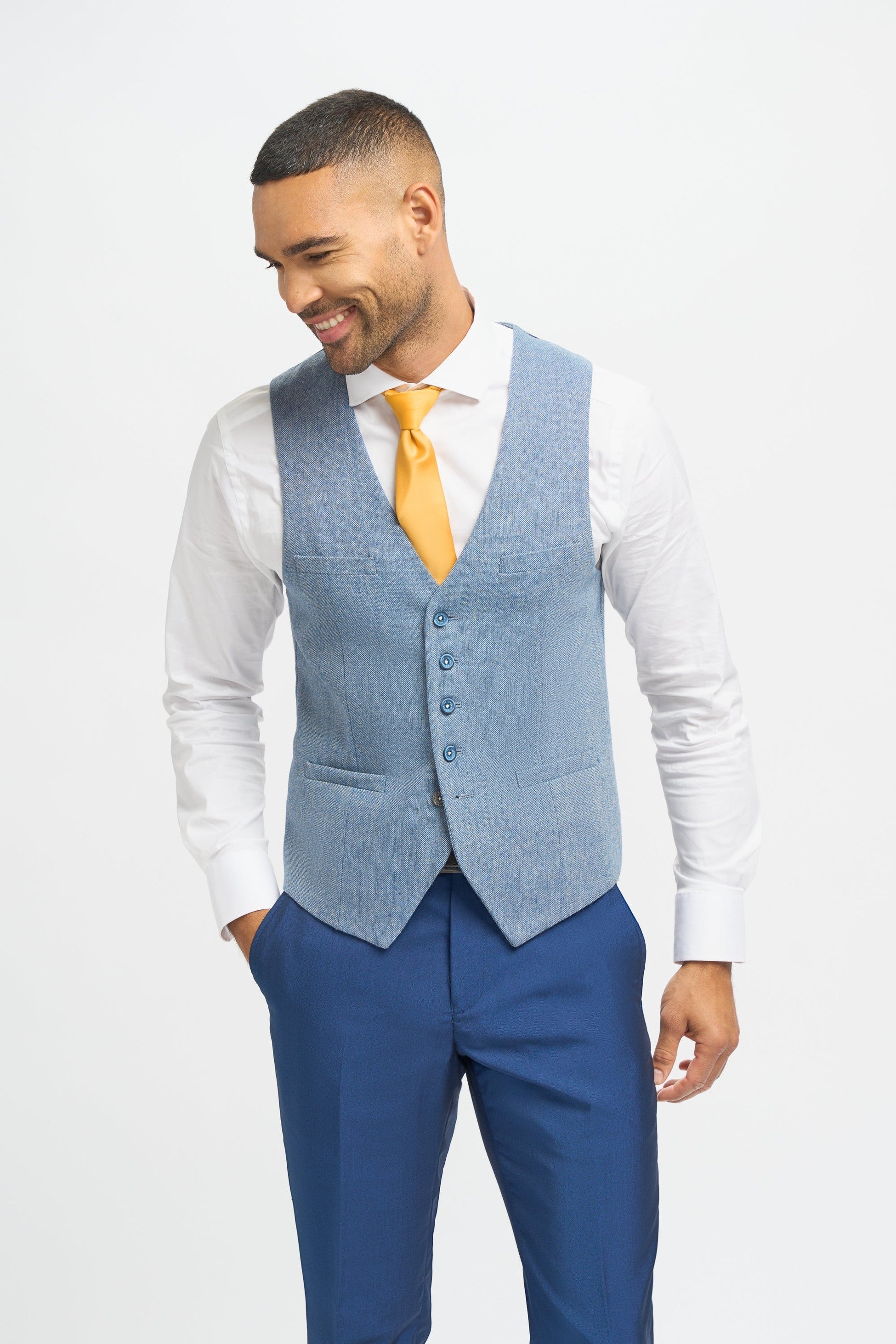 Men's Royal Blue Slim Fit 3-Piece Wedding Suit with Light Blue Tweed Waistcoat - Navy Blue