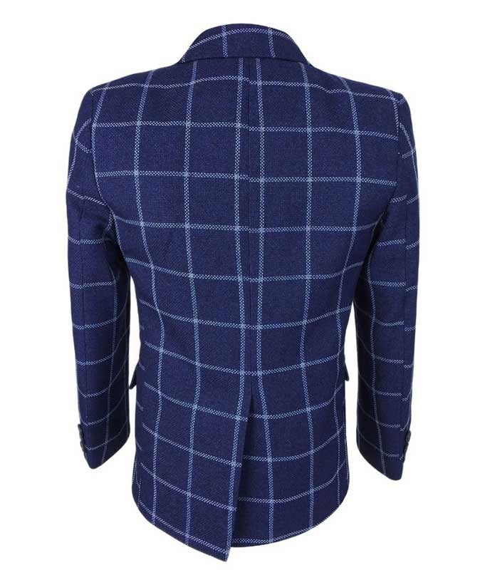 Boys Retro Windowpane Tailored Fit Check Suit - Navy Blue