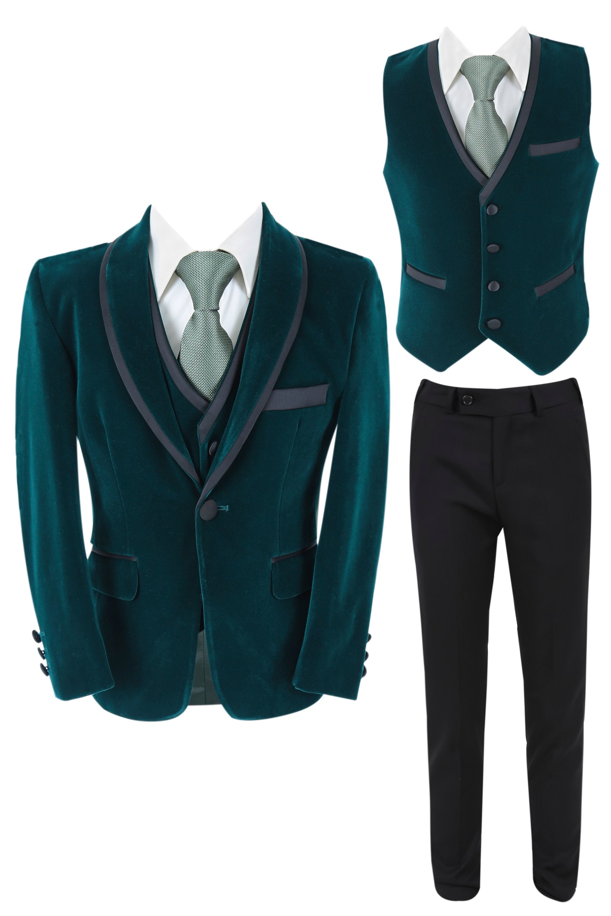 Boys Slim Fit Piping Velvet Tuxedo Suit - LONDON - Dark Green