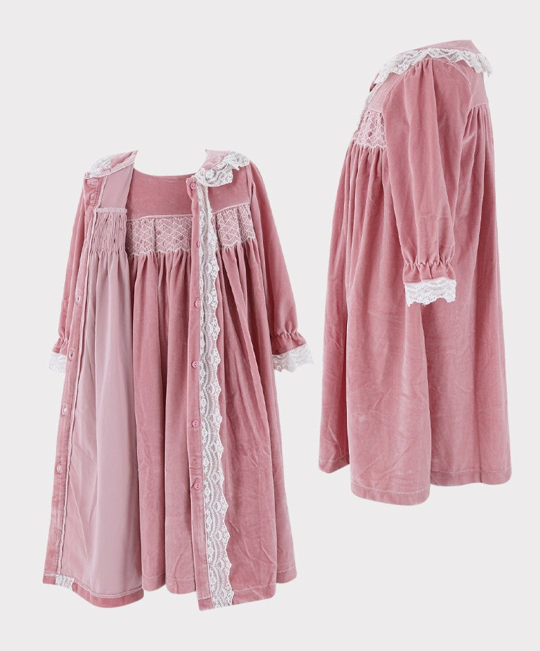 Girls Smocked Velvet Sleeping Gown 2 Pieces Set - Pink