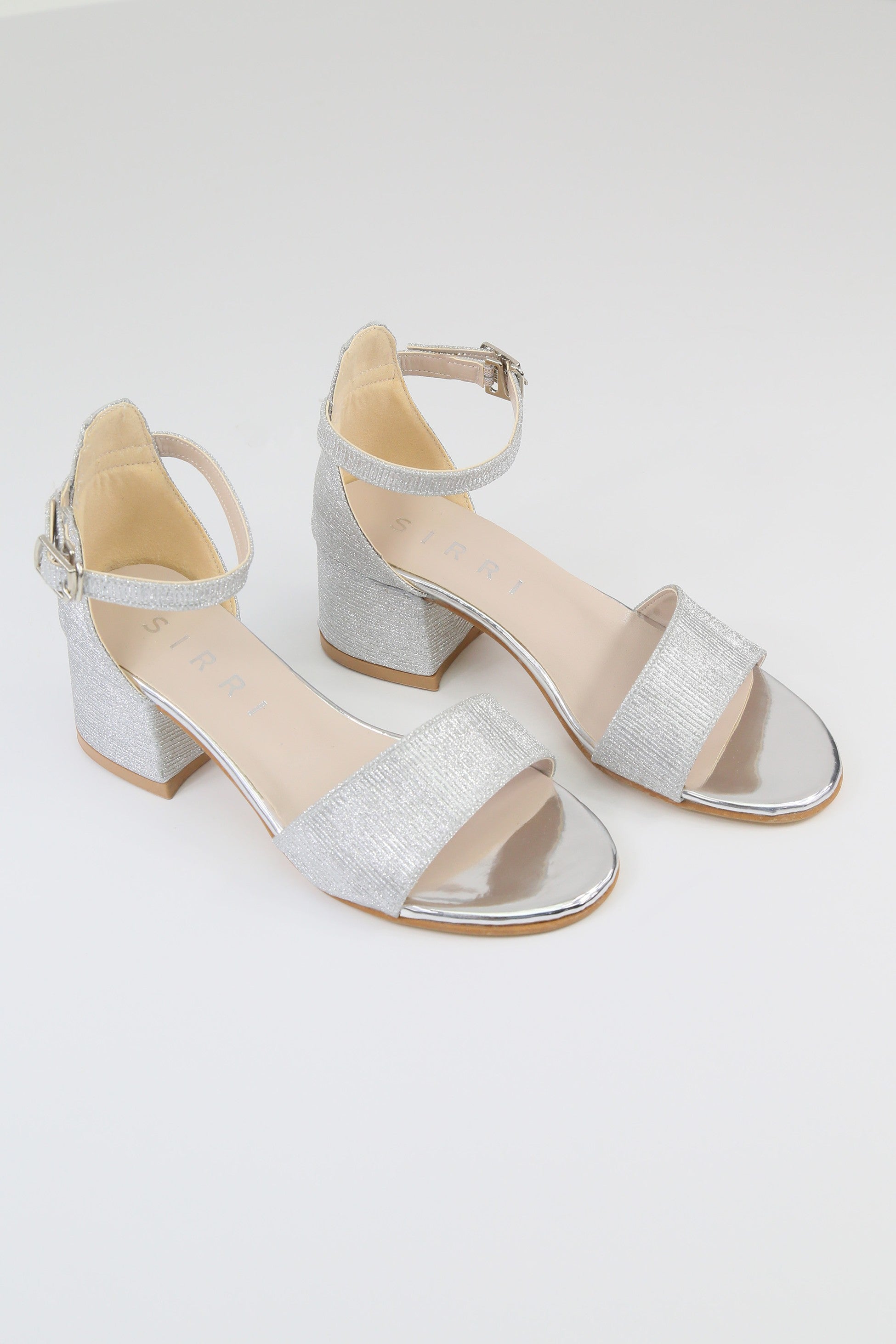 Girls Textured Silver Block Heel Sandals - JENNY - Silver