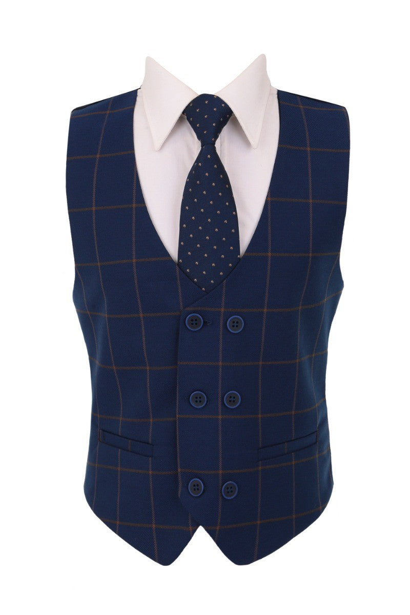 Boys Windowpane Check Navy Blue Suit Set - Navy Blue