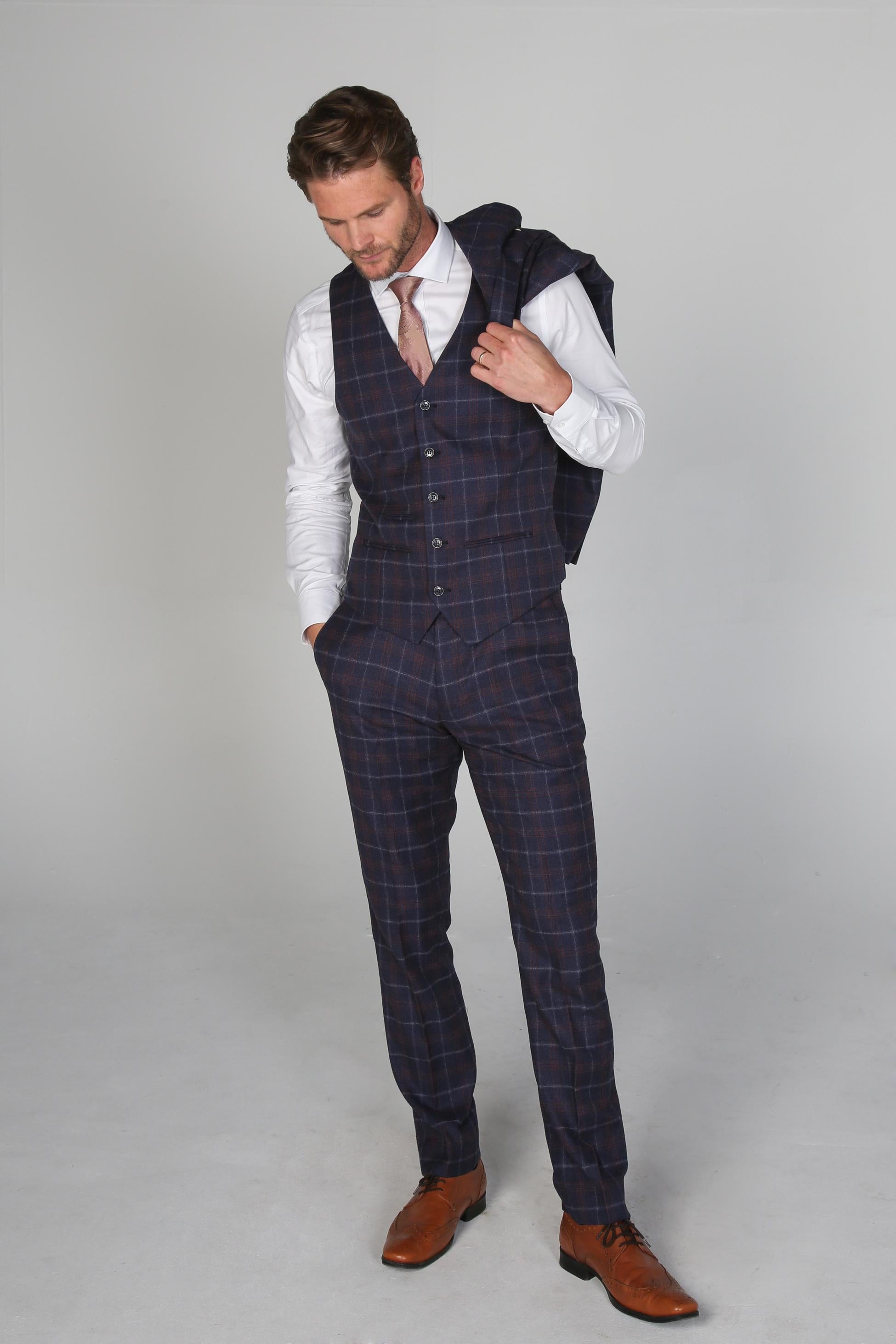 Men's Tailored Fit Retro Check Suit - KENNETH - Navy Blue - Maroon