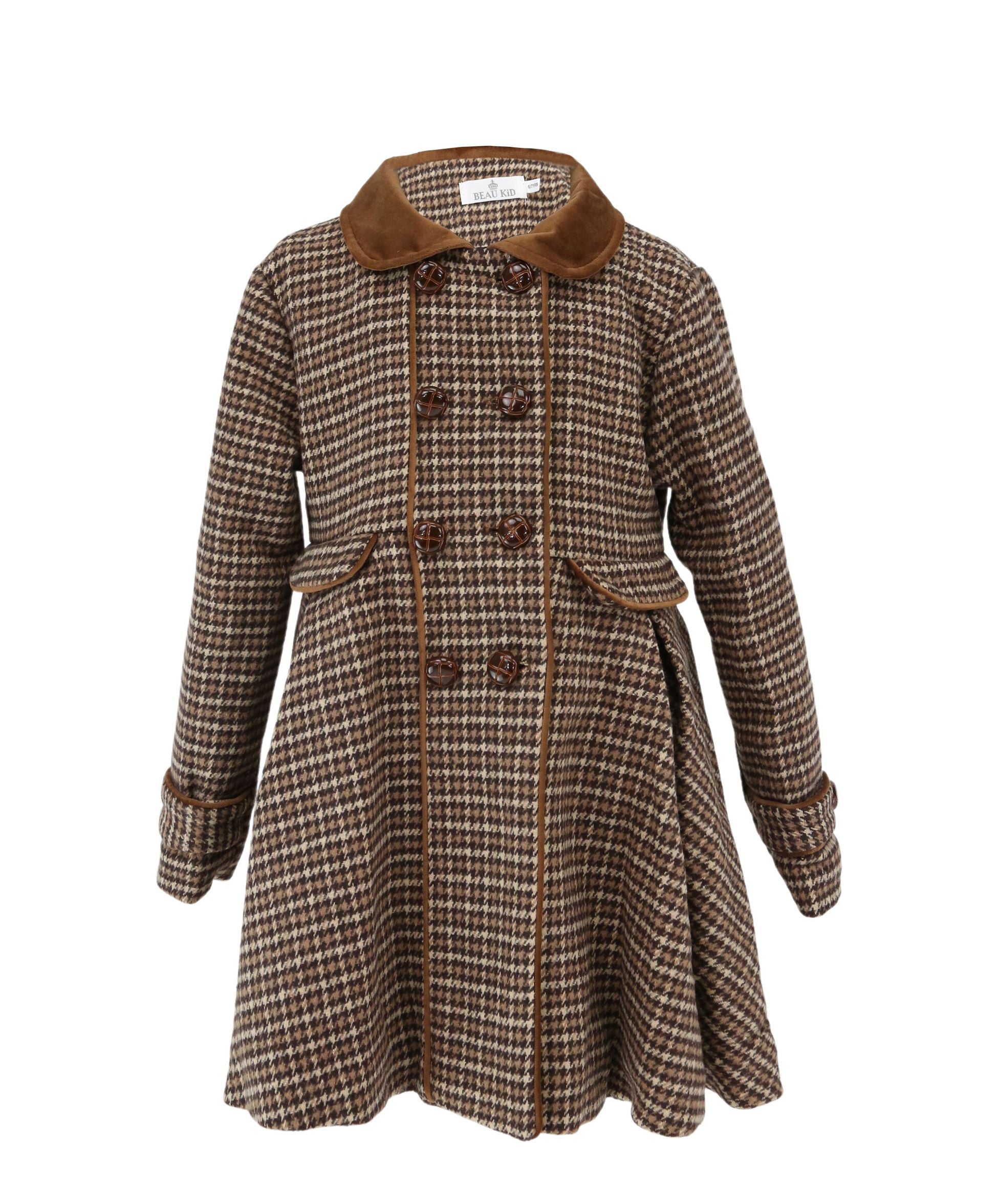 Girls Houndstooth Brown Coat & Beret Set - Brown