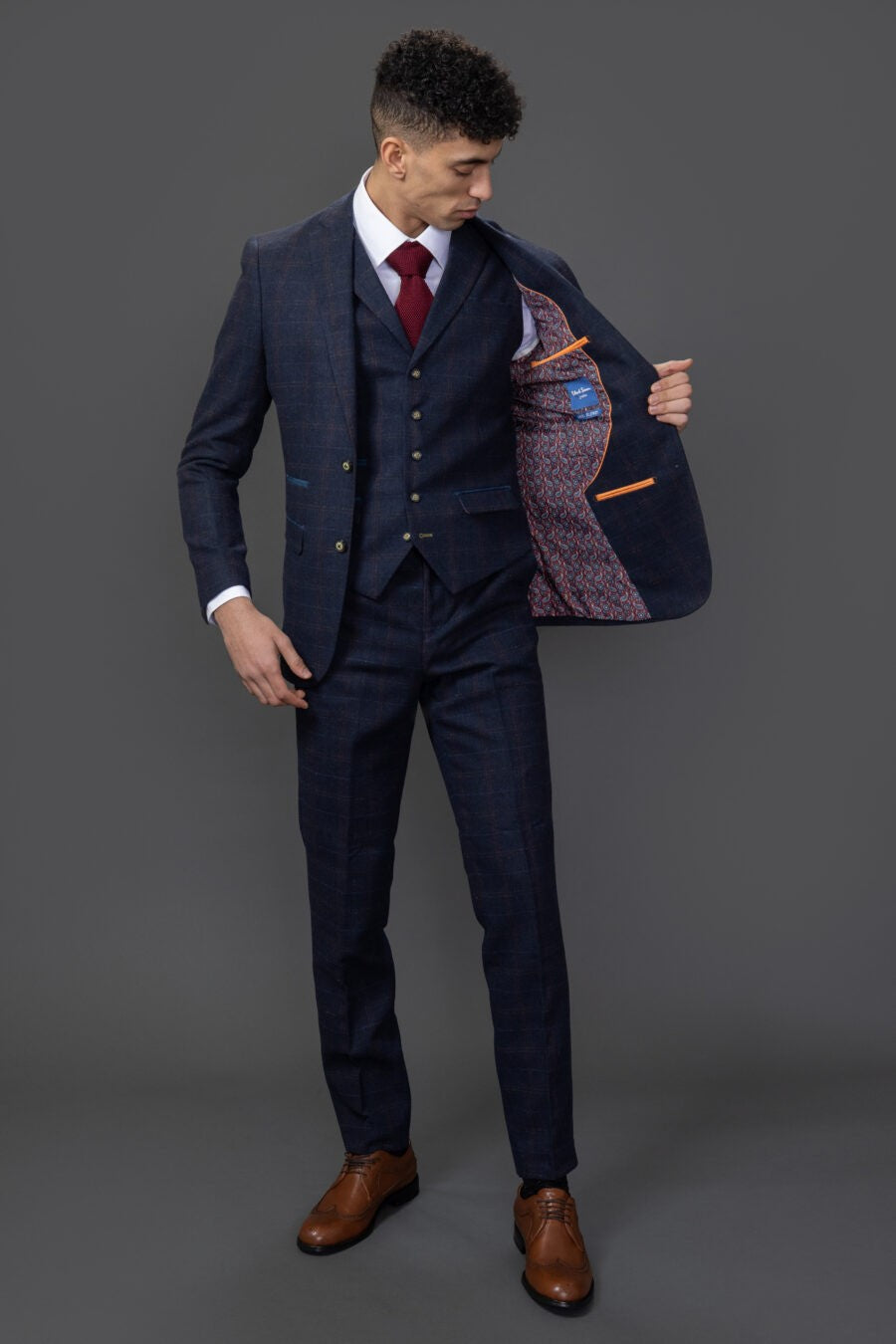 Men's Tweed Windowpane Tailored Fit Navy Suit - RYAN - Navy Blue