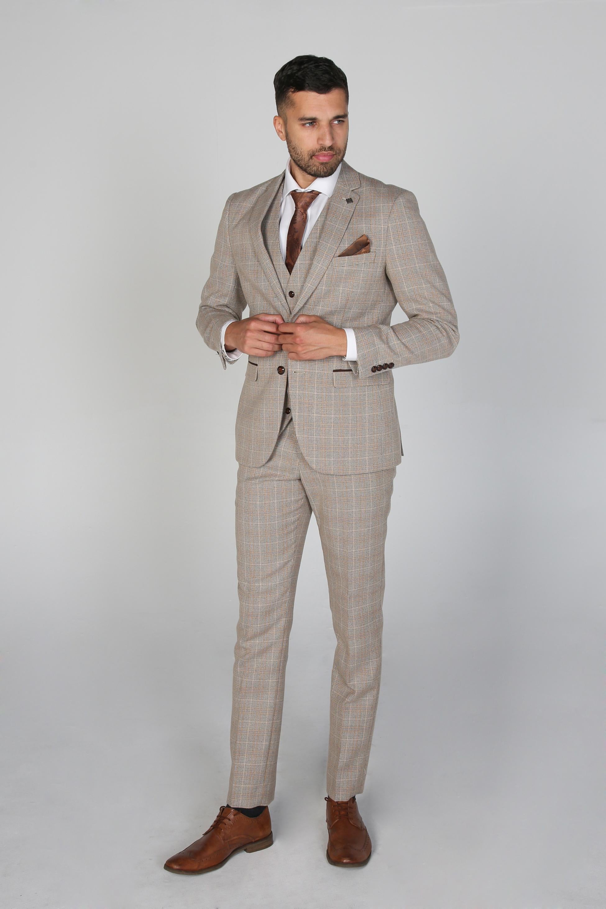 Men's Tweed Check Tailored Fit Beige Suit - HOLLAND - Beige - Brown