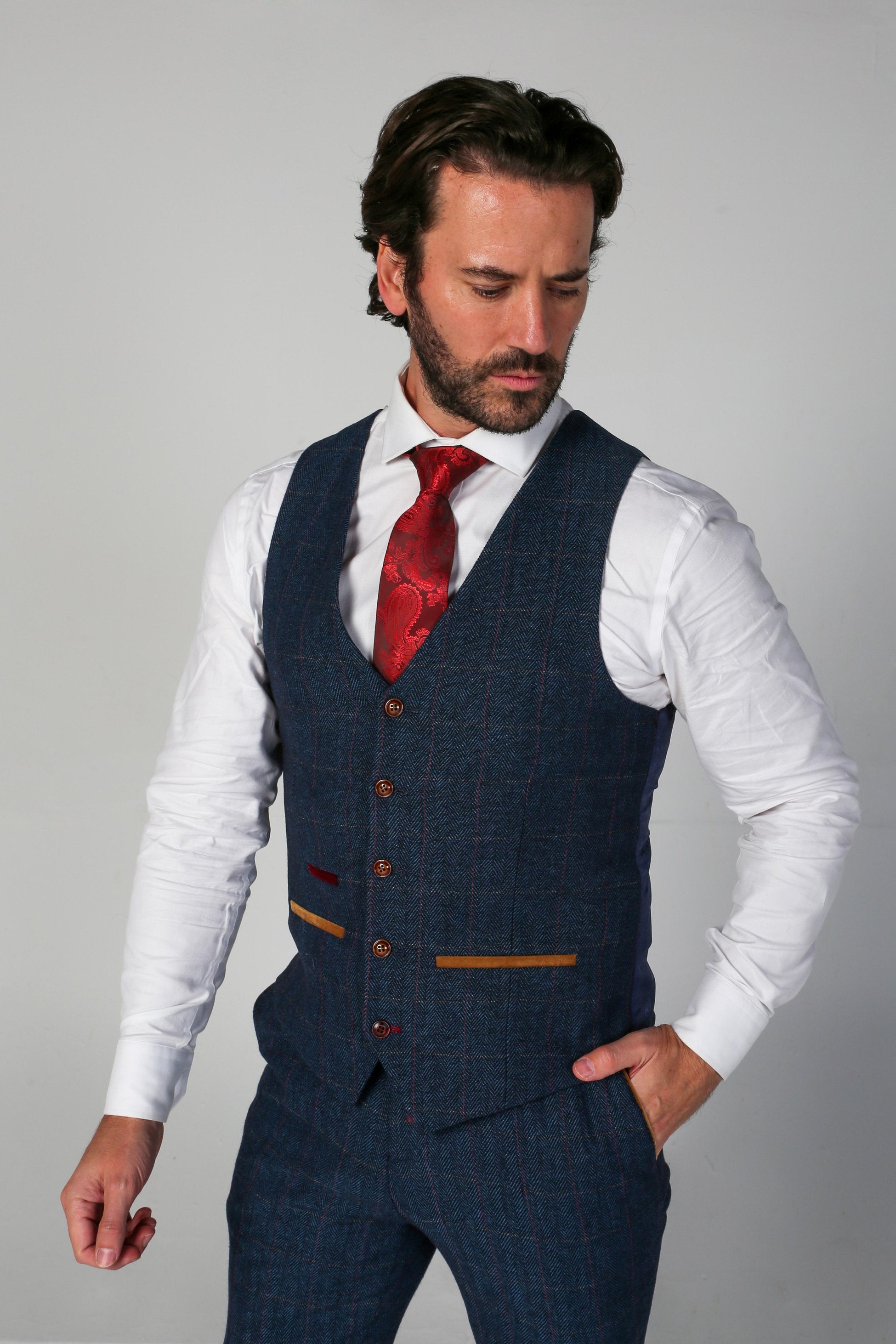 Men's Tweed Herringbone Tailored Fit Suit - SCOTT - Navy Blue