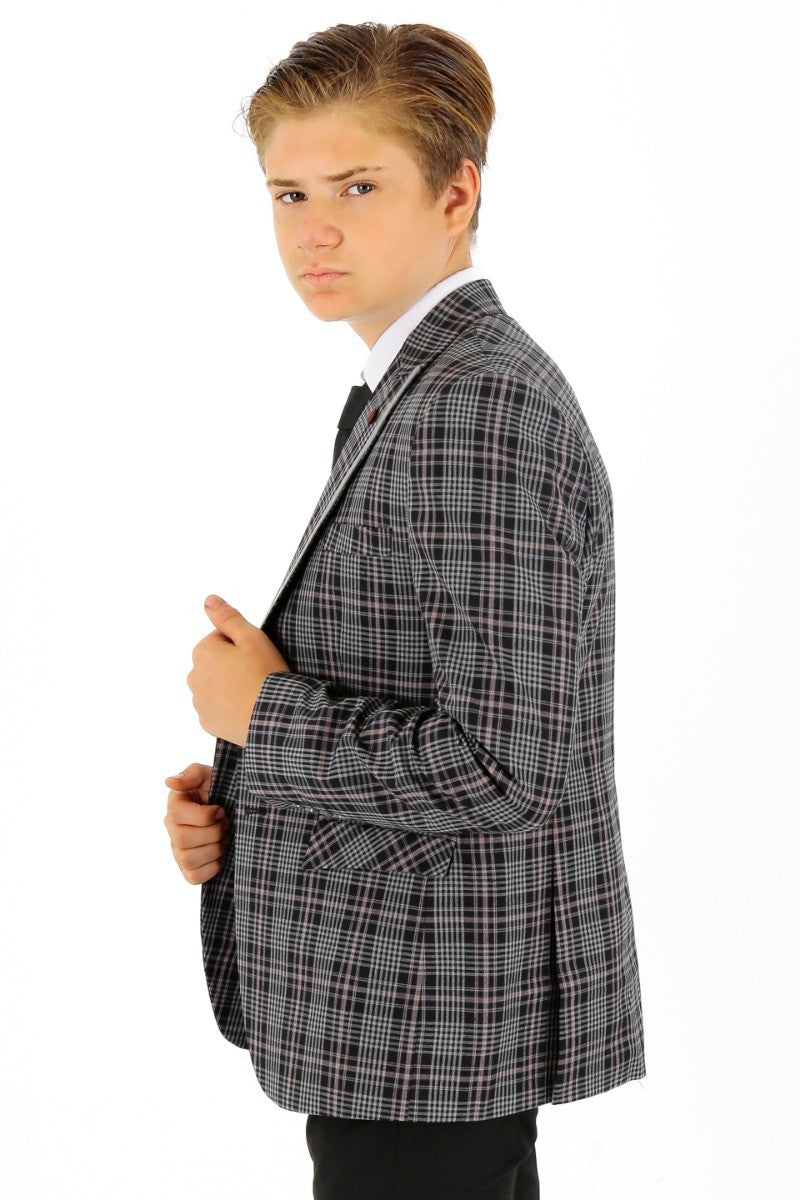 Boys Plaid Check Slim Fit Suit - Black - Grey