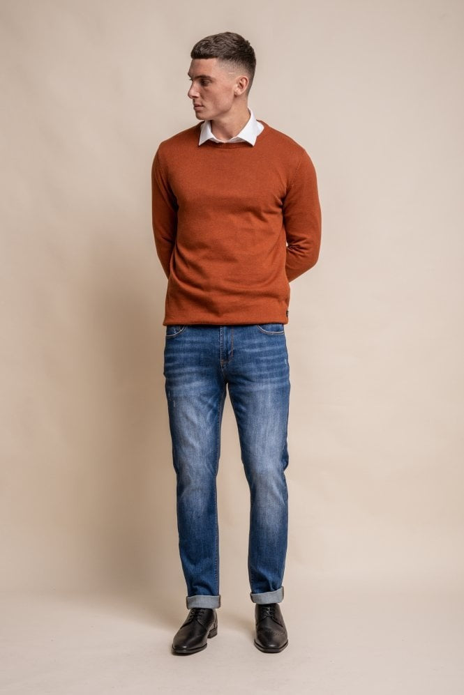 Men's Cotton Slim Fit Crewneck Jumper - Rustic Brick