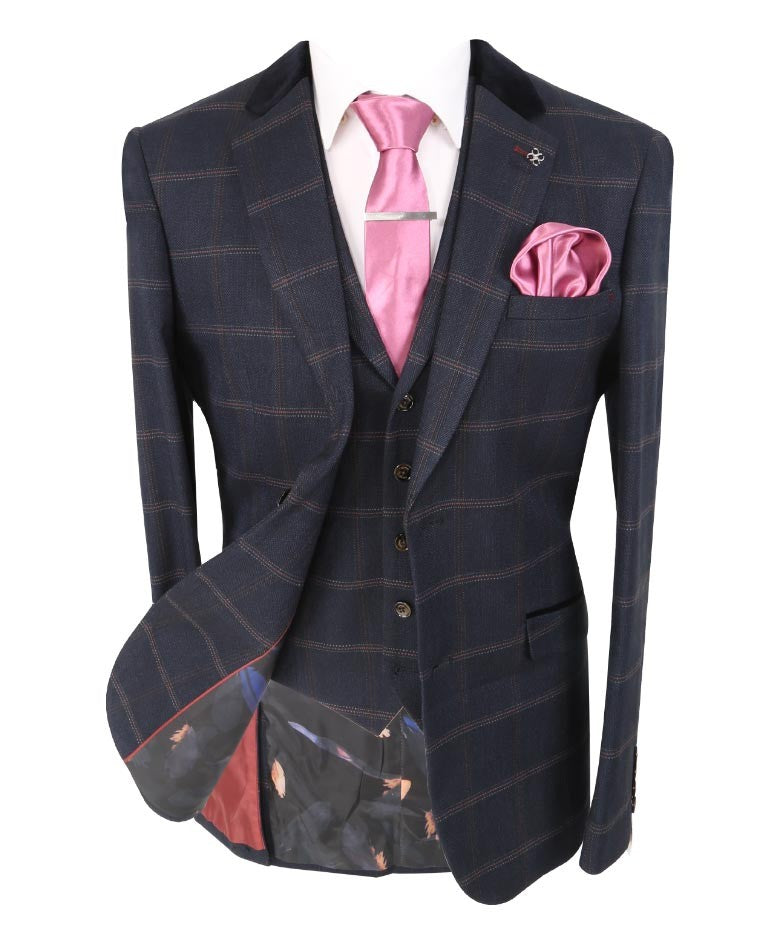 Men's Slim Fit Tweed Check Retro Suit - Connall Blue - Navy Blue