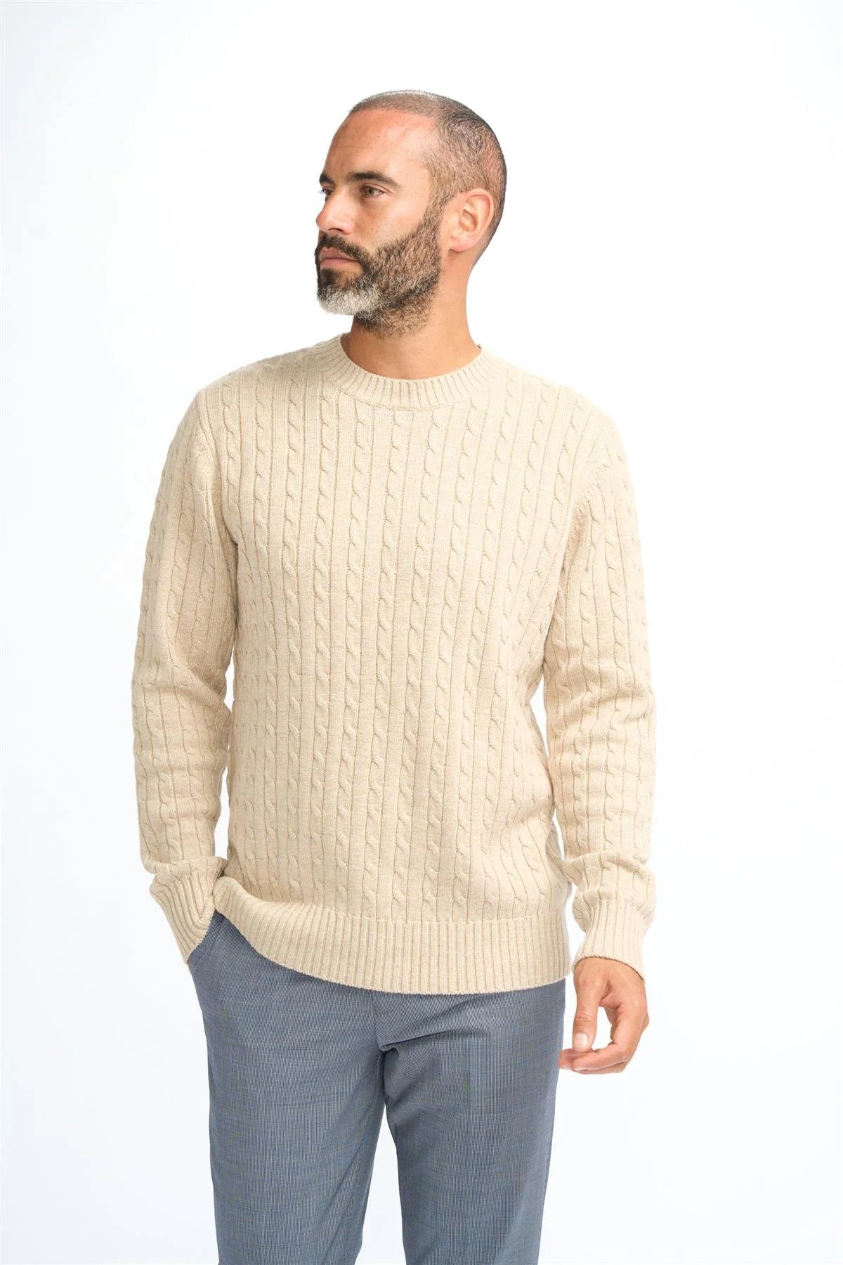 Men’s Wool Cable Knit Pullover Jumper - Foston - Beige Fawn