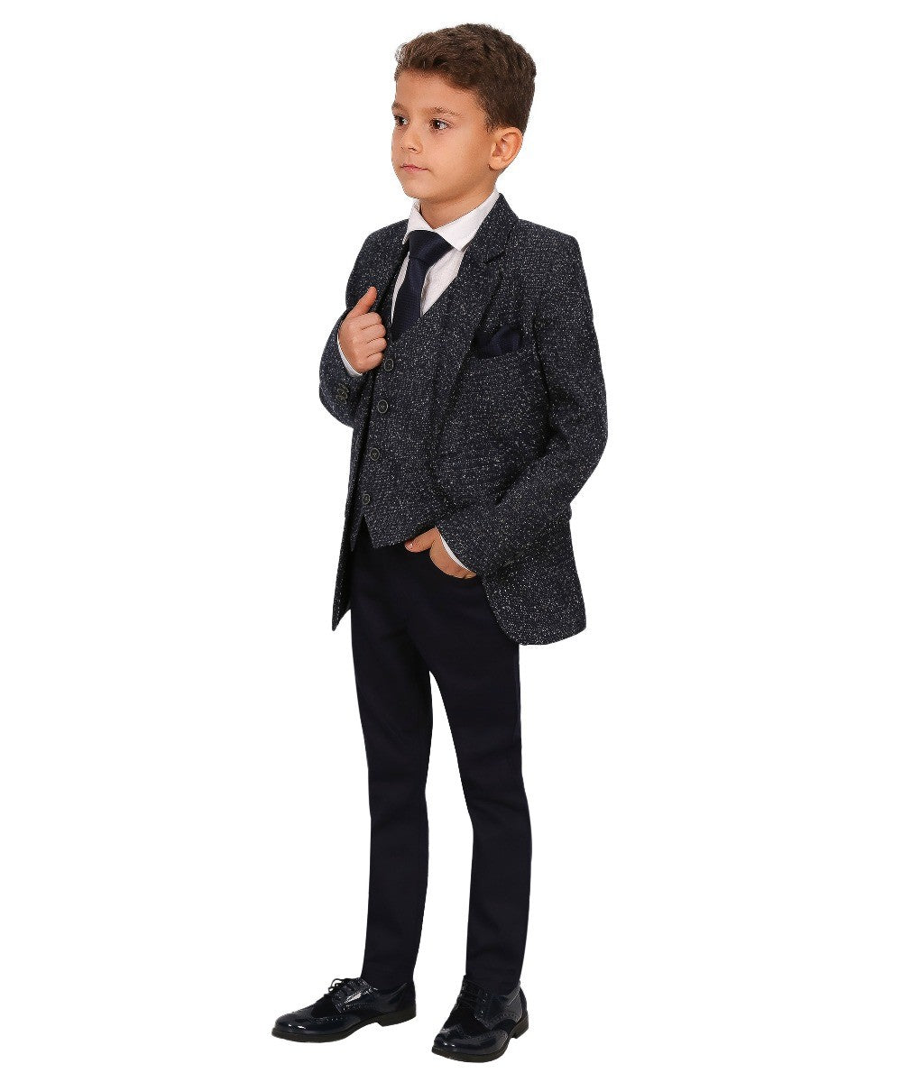 Boys Tailored Fit Tweed Suit with Chino - COSMO Navy - Navy Blue