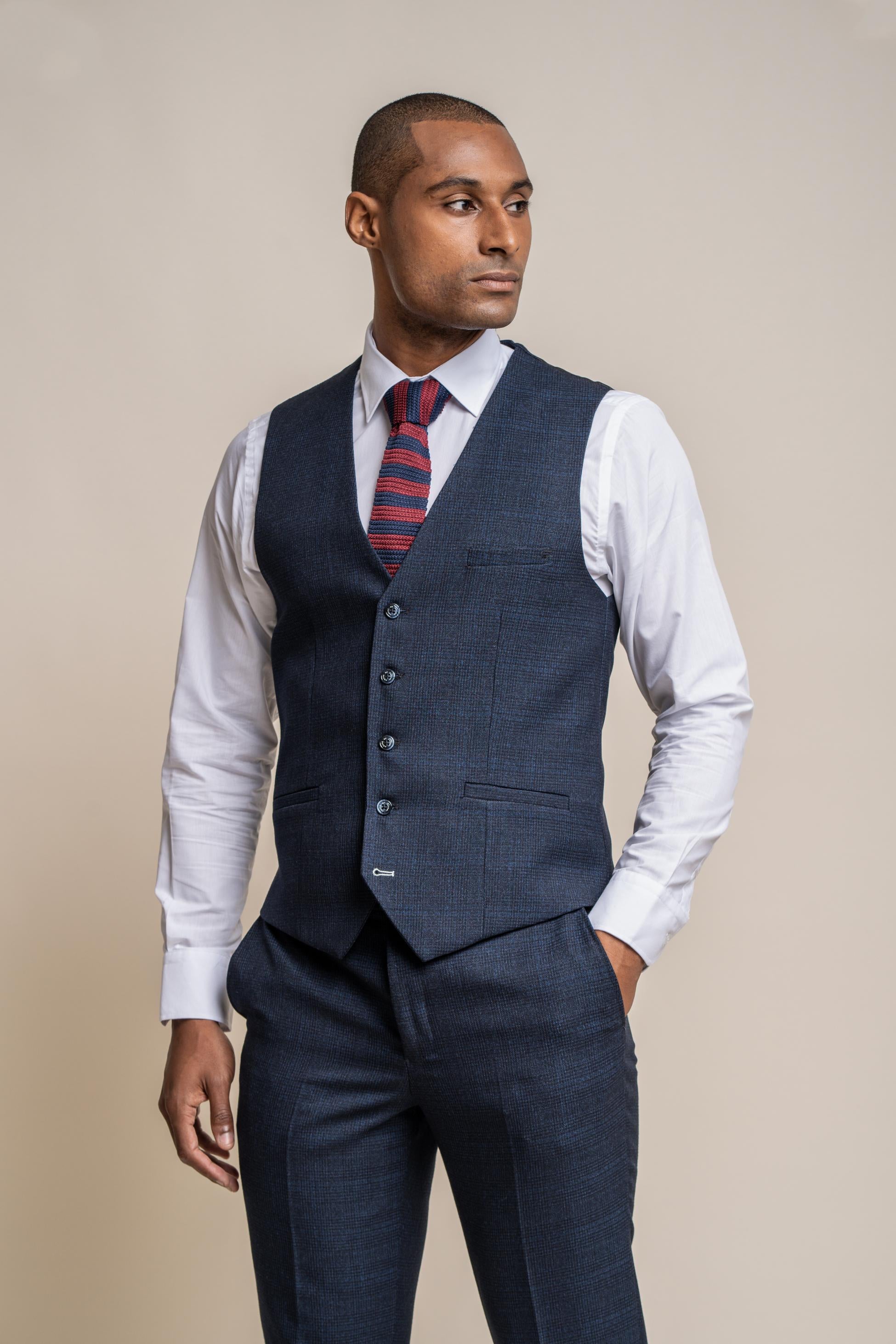 Men's Tweed Houndstooth Check Slim Fit Formal Waistcoat - CARIDI - Navy Blue