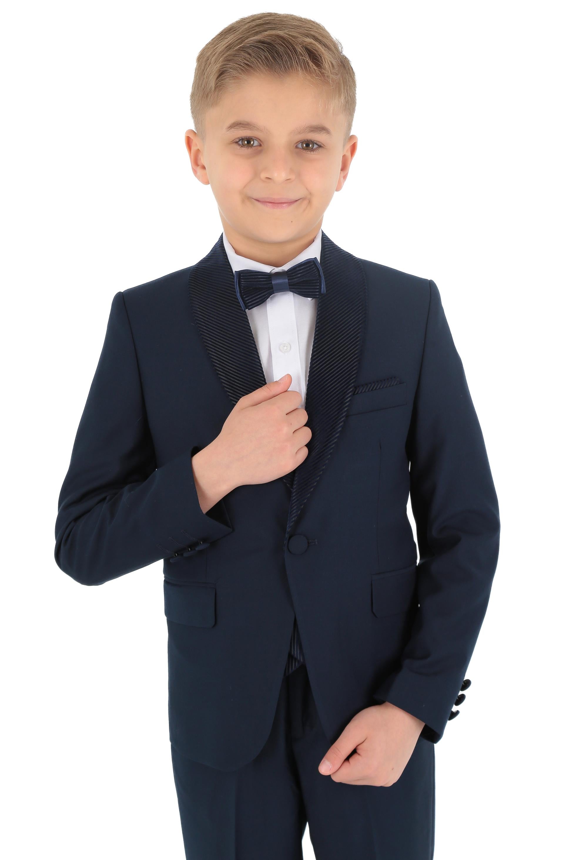 Boys Tuxedo Suit - Corduroy Velvet Waistcoat & shawl lapel - Navy Blue