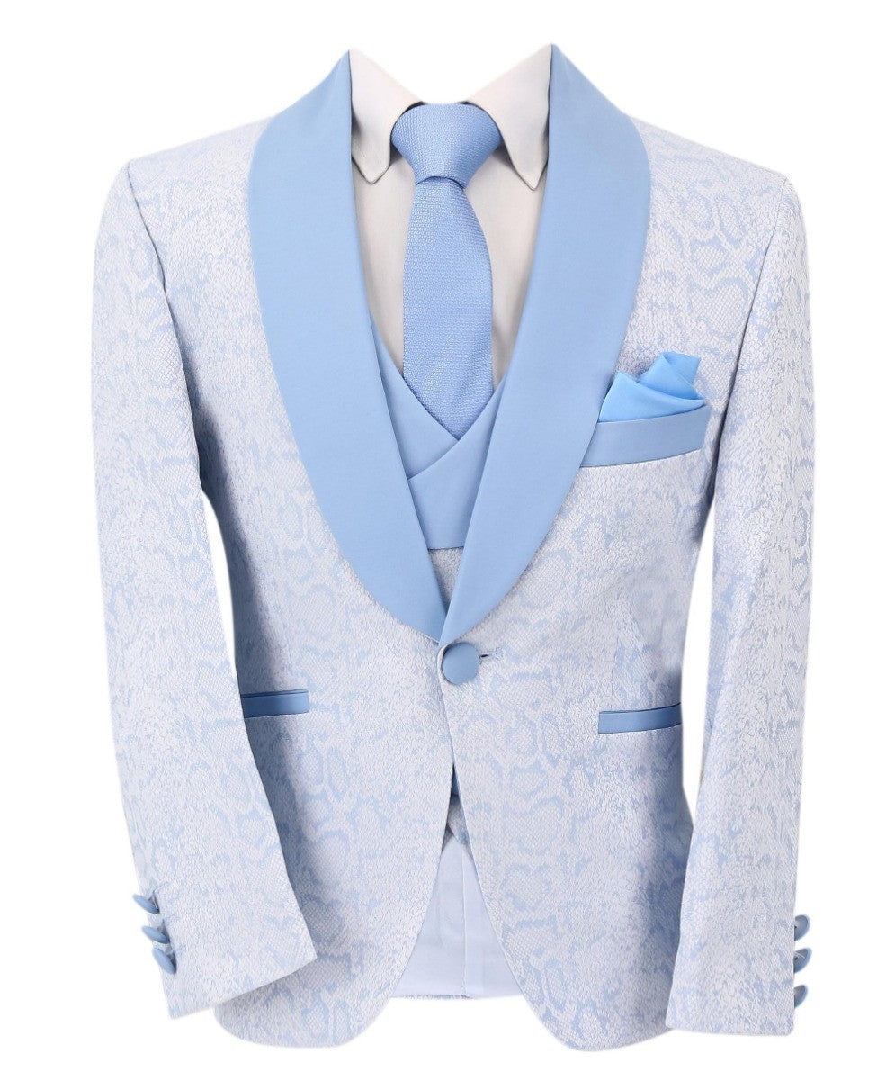 Boys Jacquard Patterned Tuxedo Suit - ASHLEY - Ice Blue