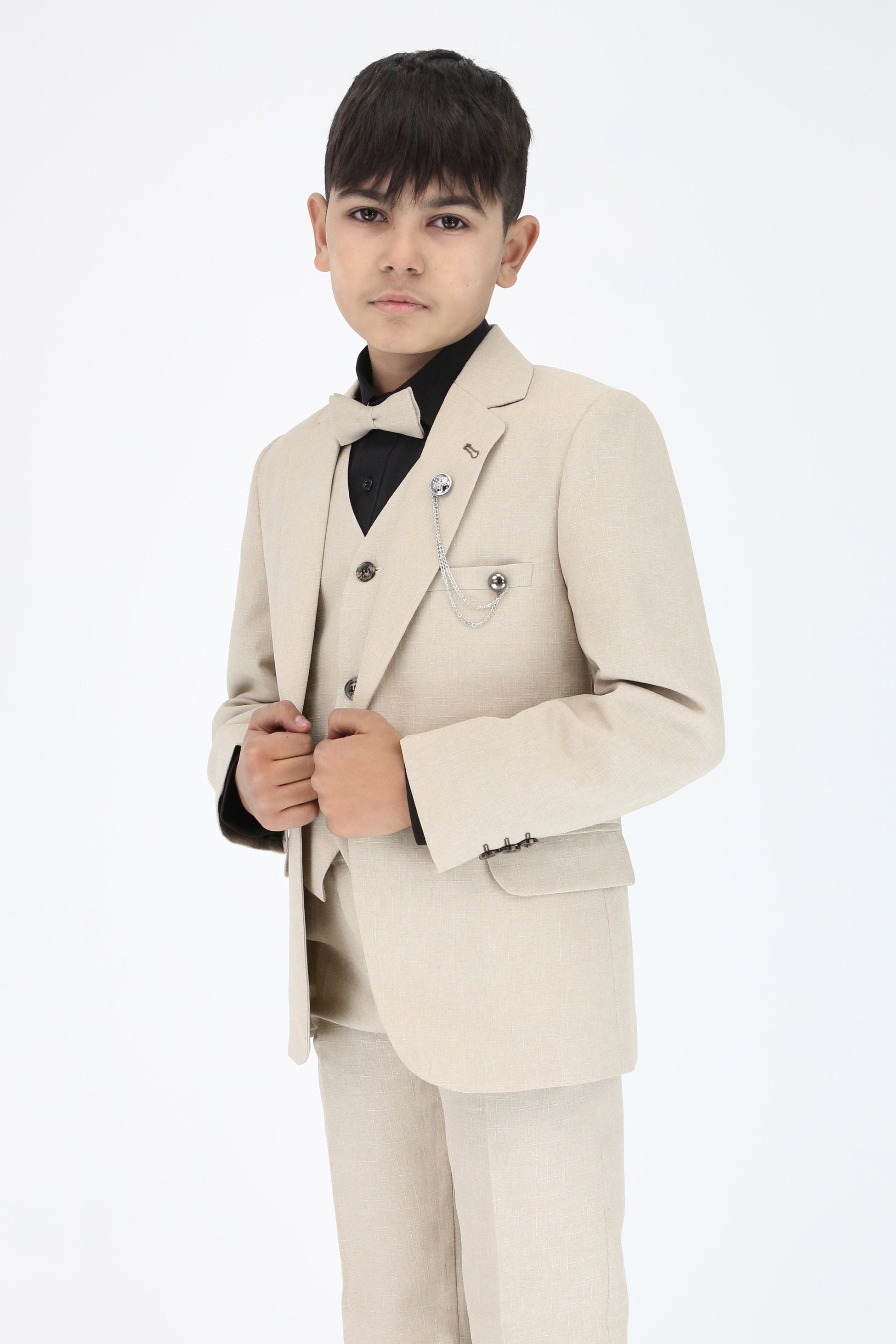 Boys Slim Fit Textured 6-Piece Beige Communion Suit with Black Shirt - Beige