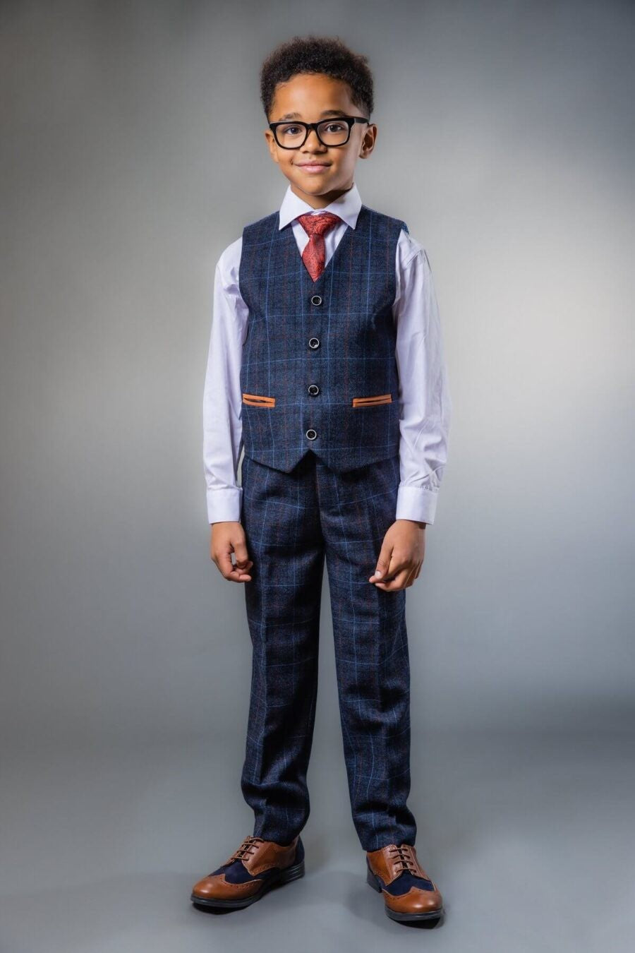 Boys Tailored Fit Retro Check Suit - ANTHONY NAVY - Navy Blue