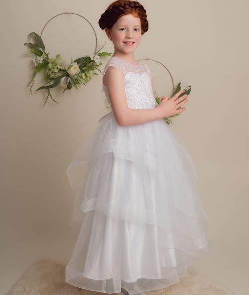 Girls White Layered Tulle Dress with Corset Back - TERRESA - White