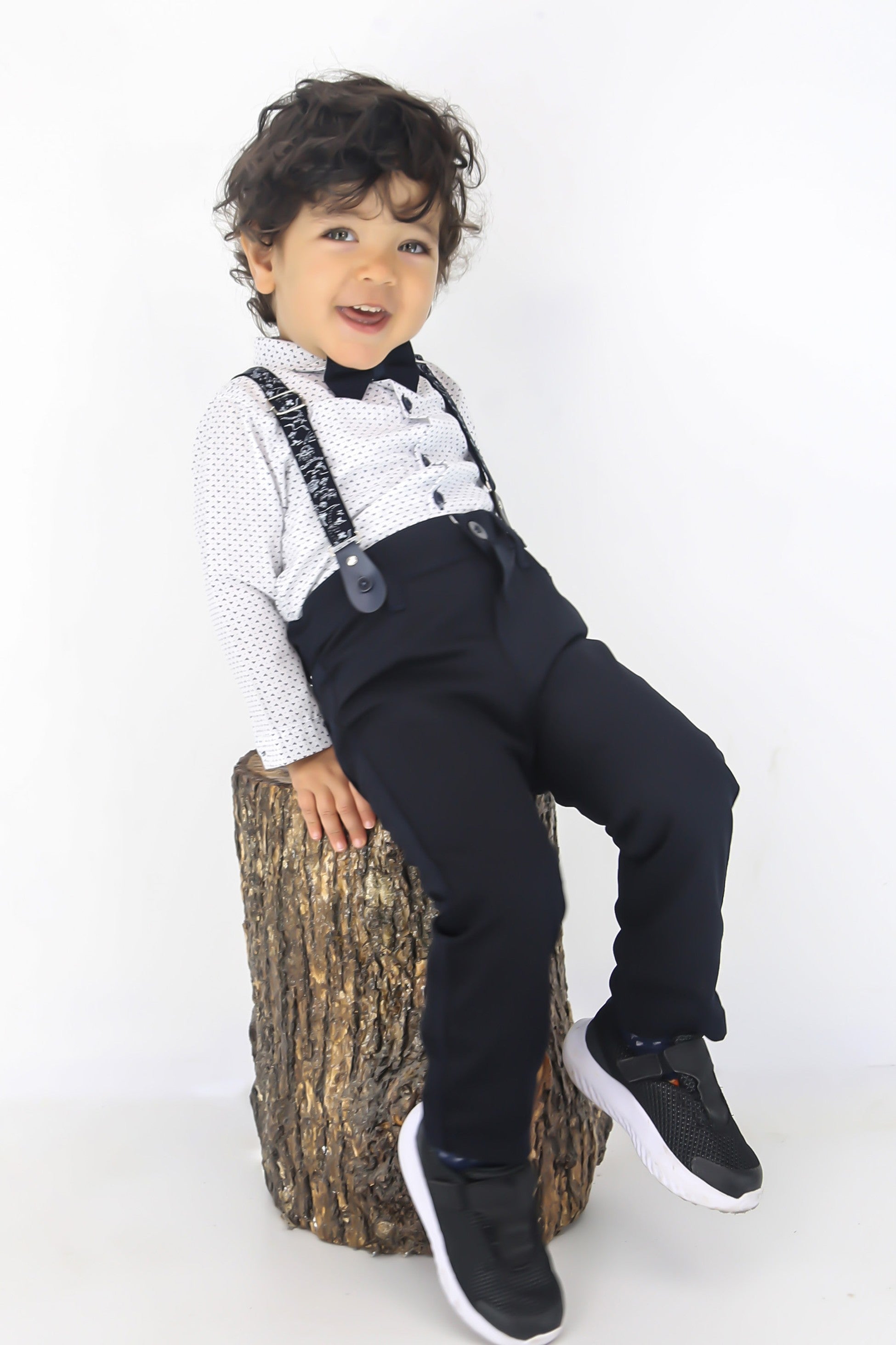 Baby Boys Gentleman Outfit - 4 PC Suspenders Pant Suit Set - BIRD - Navy