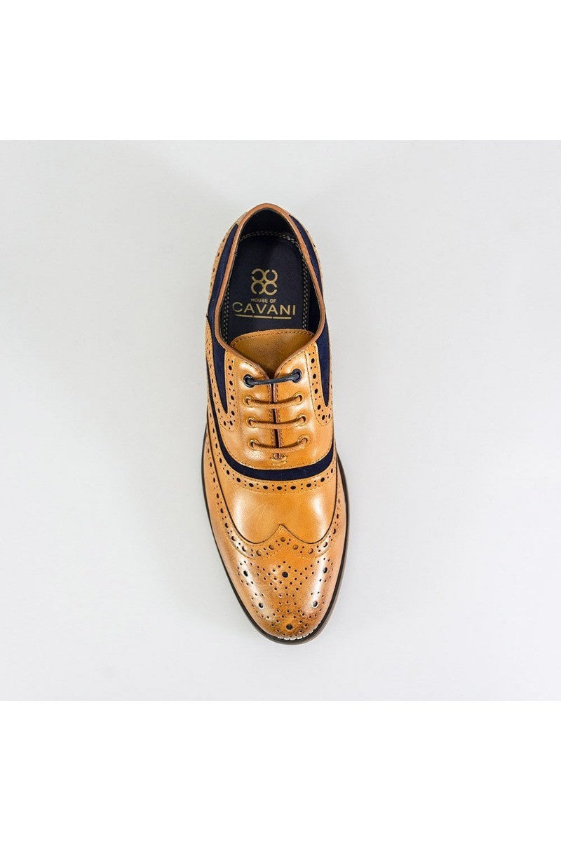 Men's Suede & Leather Oxford Brogue Shoes - ETHAN - Tan Brown - Navy Blue