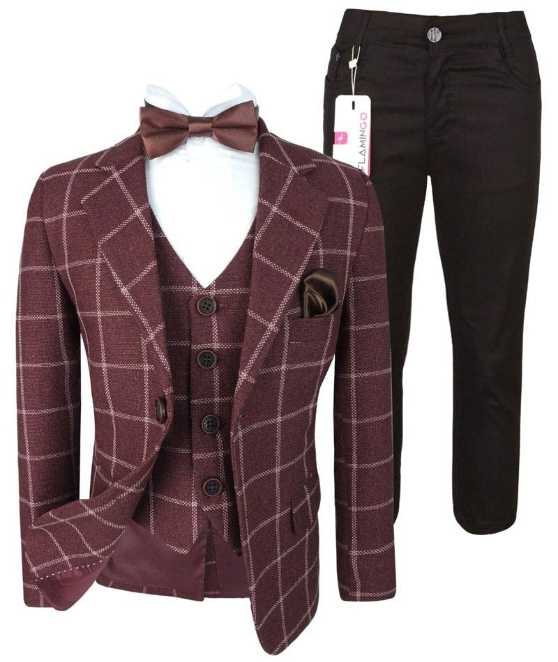 Boys Retro Windowpane Tailored Fit Check Suit - Maroon