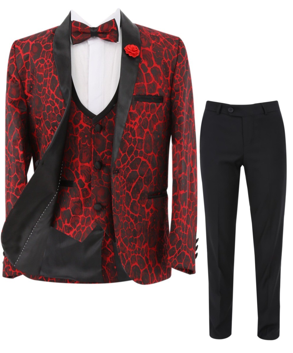 Boys Jacquard Burgundy Tuxedo Suit - Red