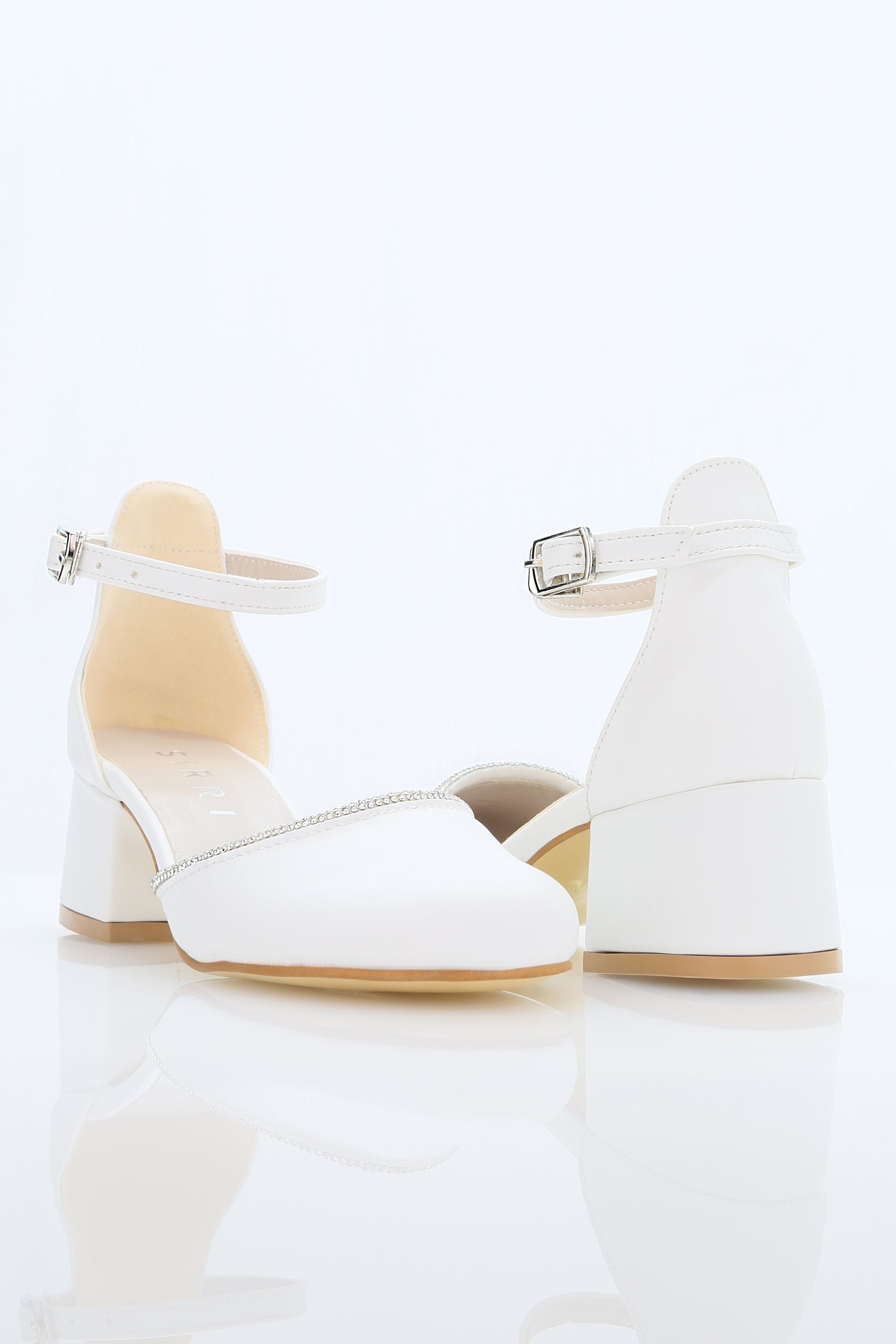 Girls' Ivory Block Heel Shoes With Rhinestone Trim – CHARM - White