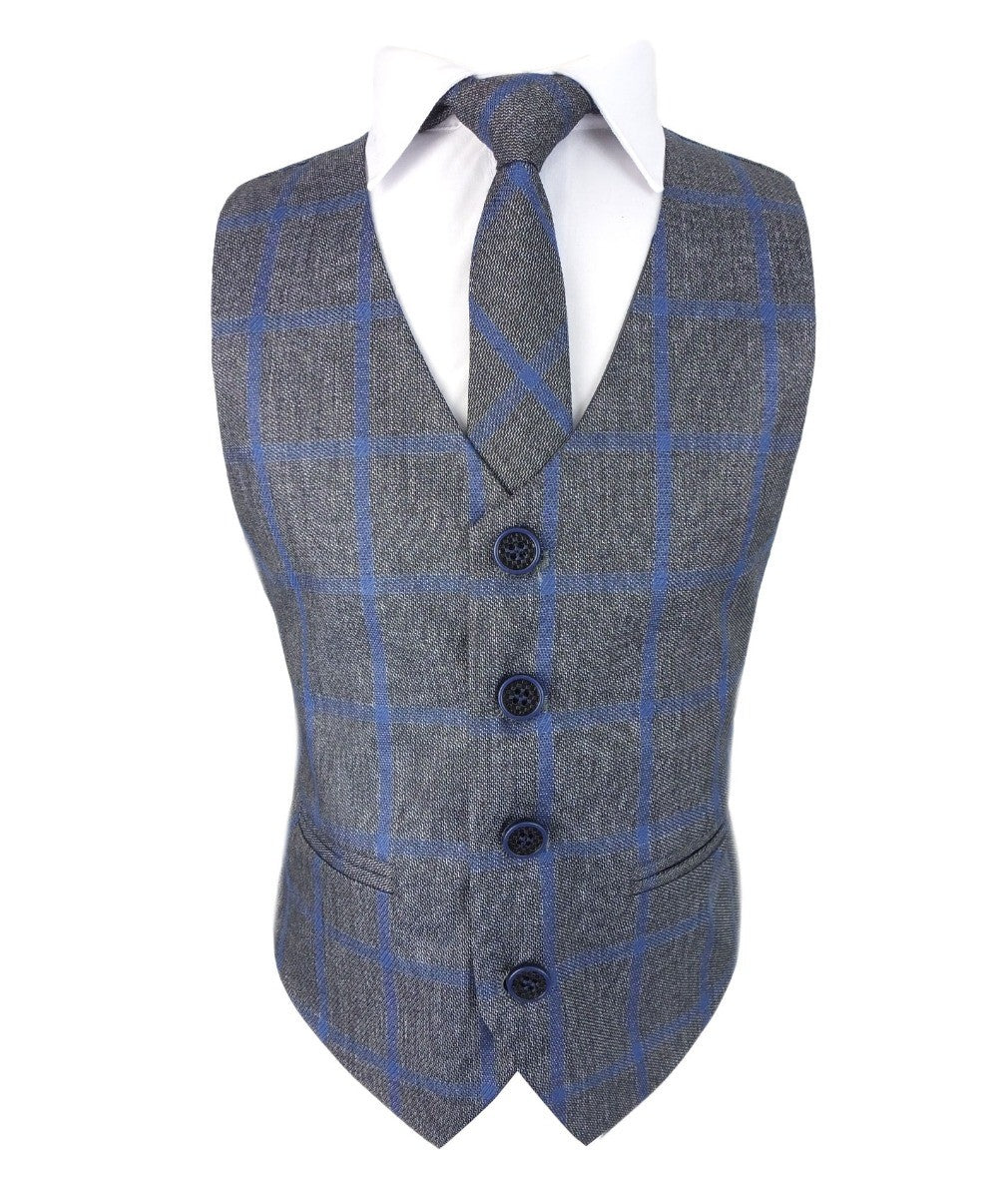 Boys Plaid Check Waistcoat Set - Grey - Blue