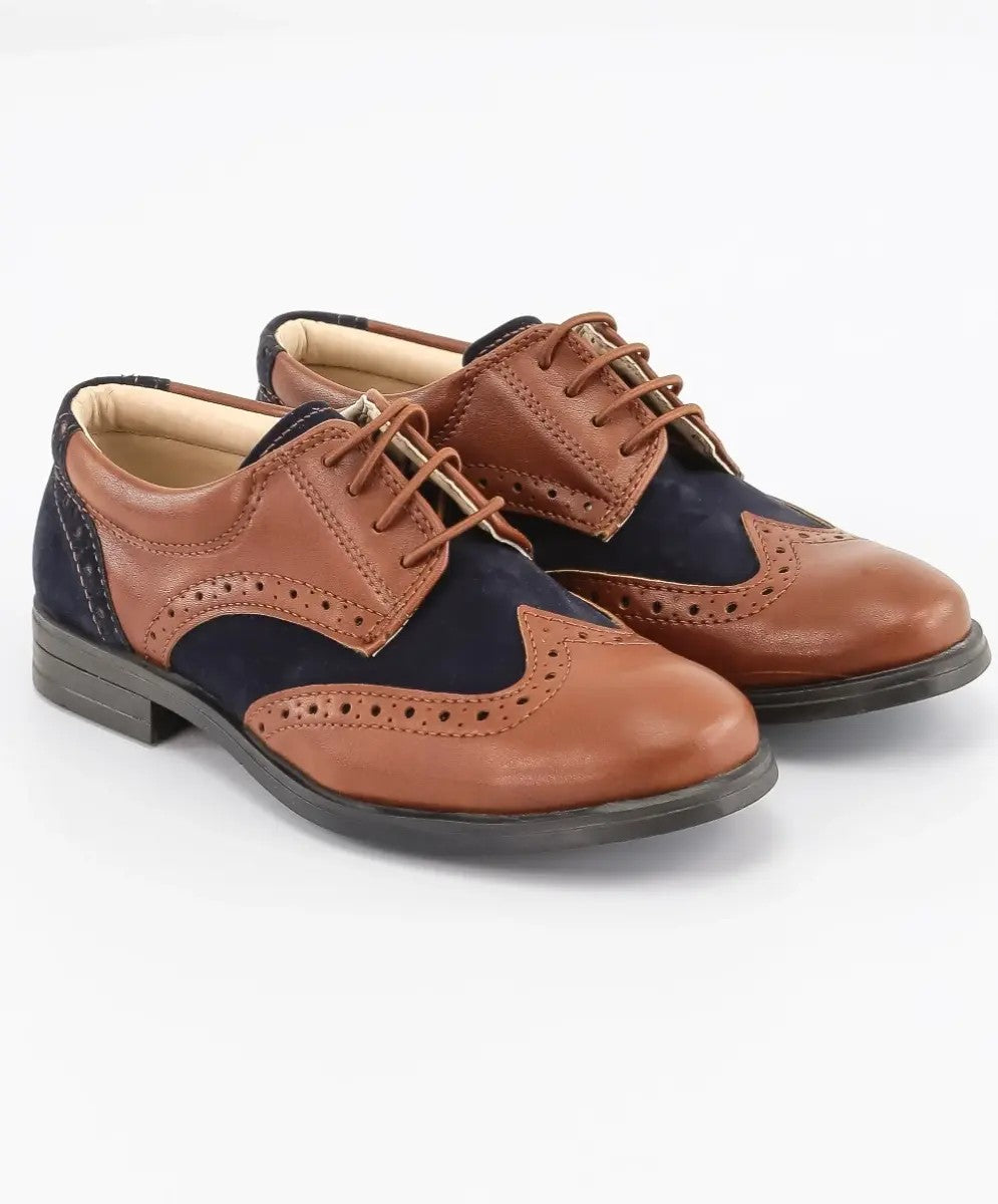 Boys Patent Leather & Suede Lace Up Brogue Derby Shoes - Tan Brown - Navy Blue