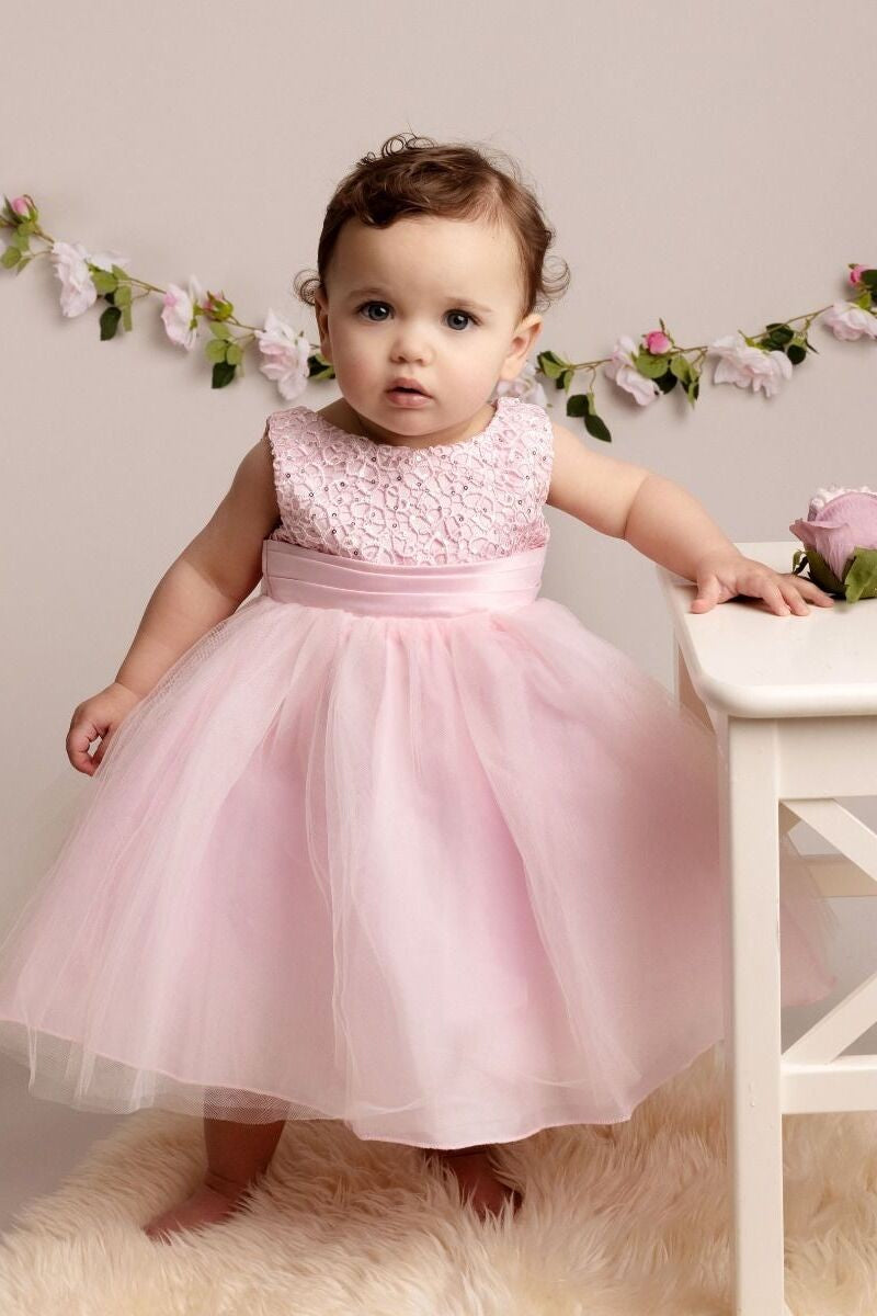 Baby Girls Dress with Floral Bodice & Bow - PC-1025 - Pink