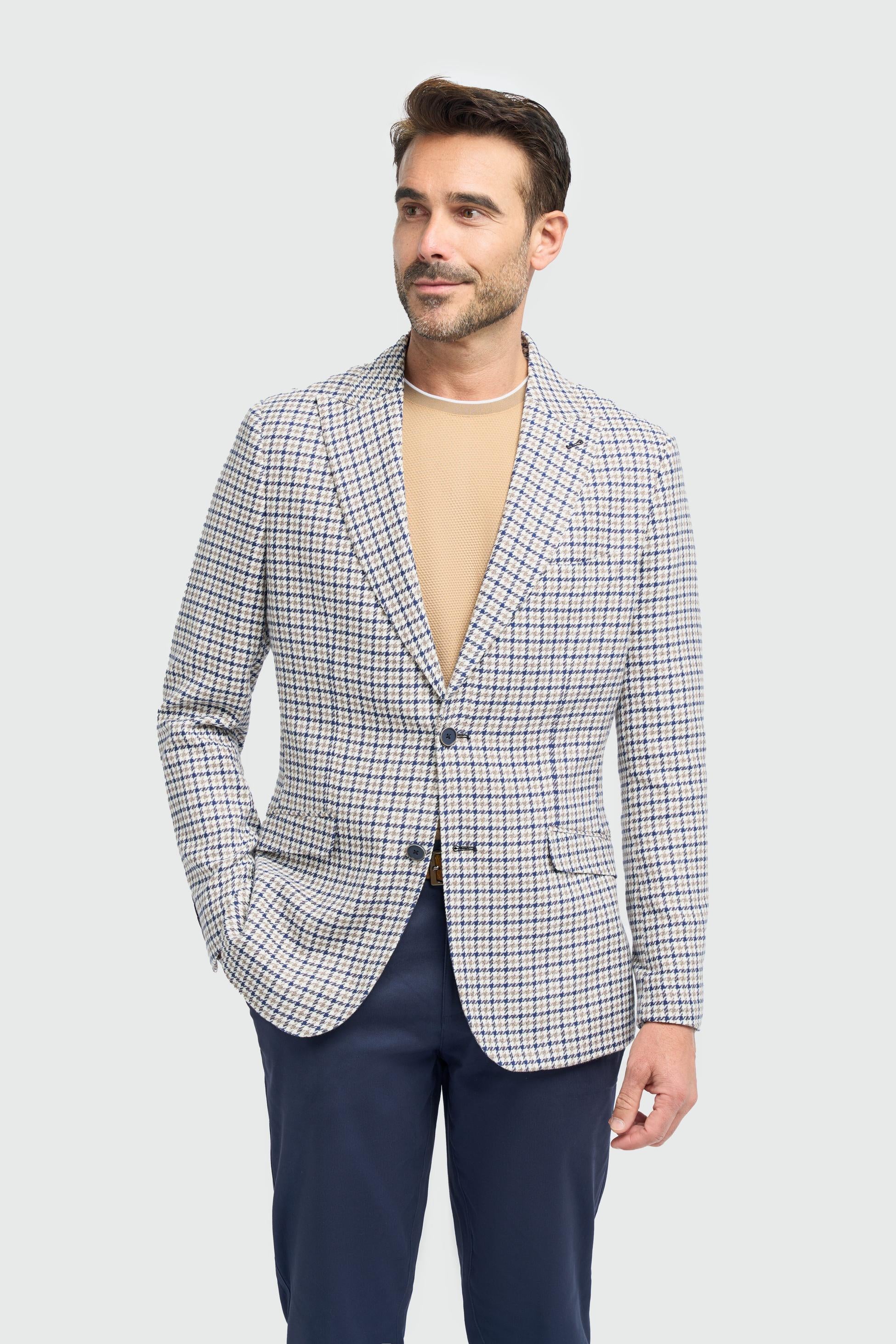 Men’s Beige Cotton Houndstooth Blazer - Bartela - Beige