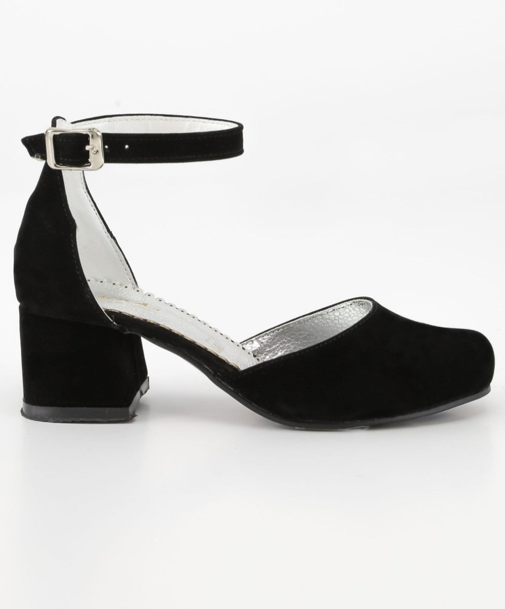 Girls Mary Jane Block Heel Shoes - Black