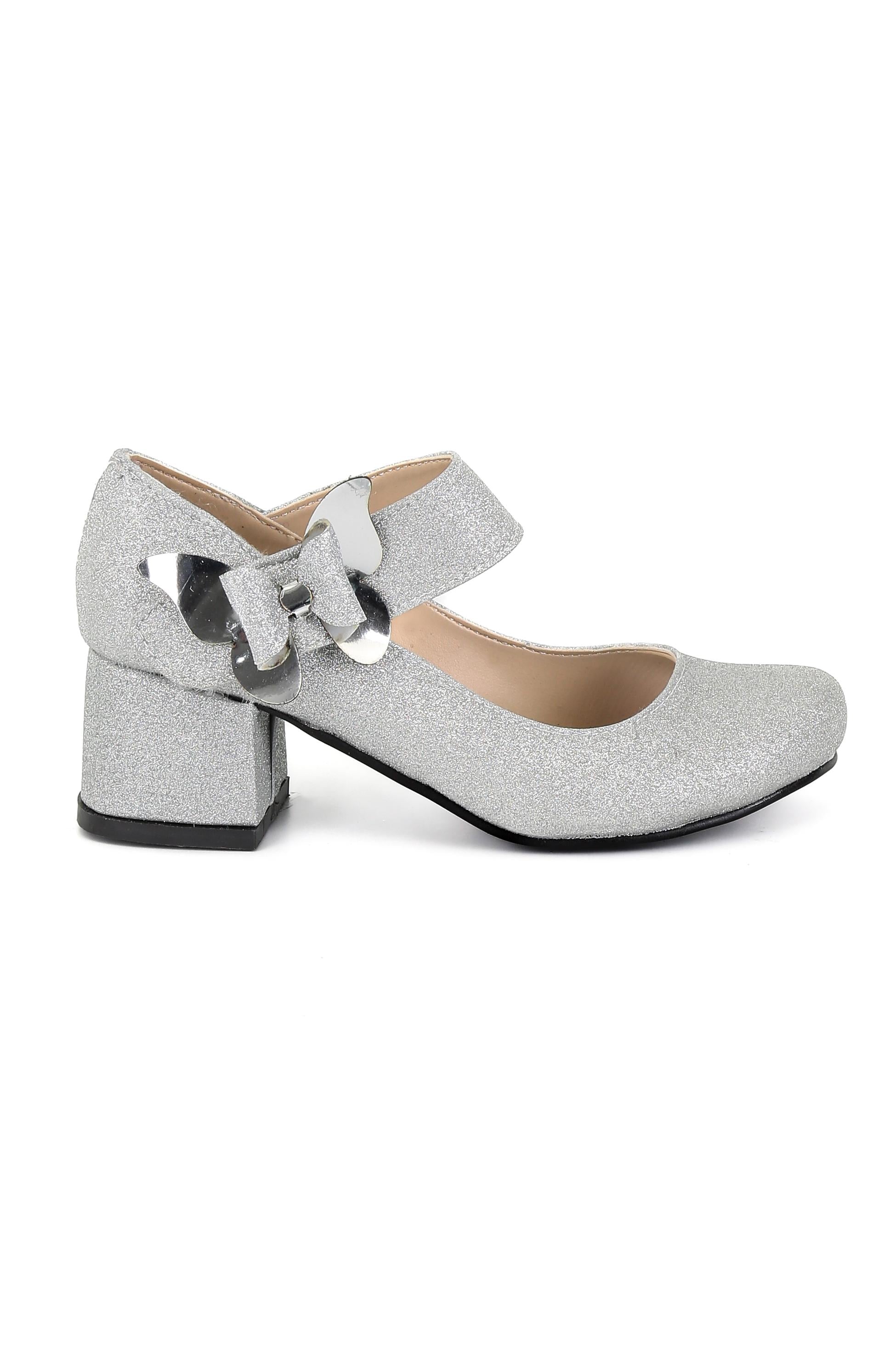 Girls Block Heel Glittery Mary Jane Shoes- AITANA - Silver