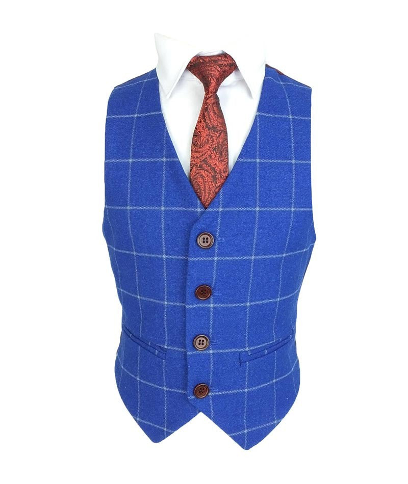 Boys Windowpane Check Slim Fit Suit - Royal Blue