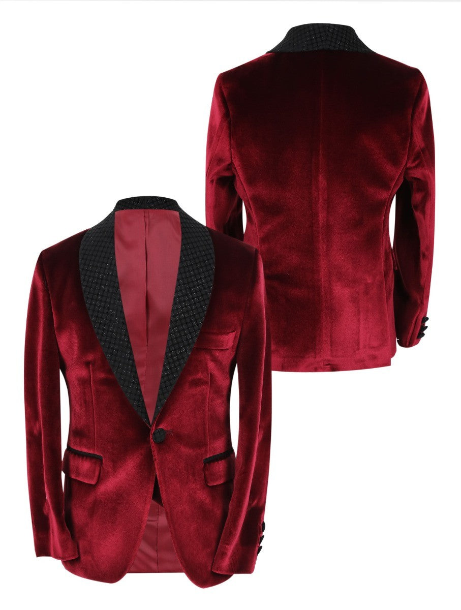 Boys Velvet Slim Fit Tuxedo Dinner Suit - Burgundy