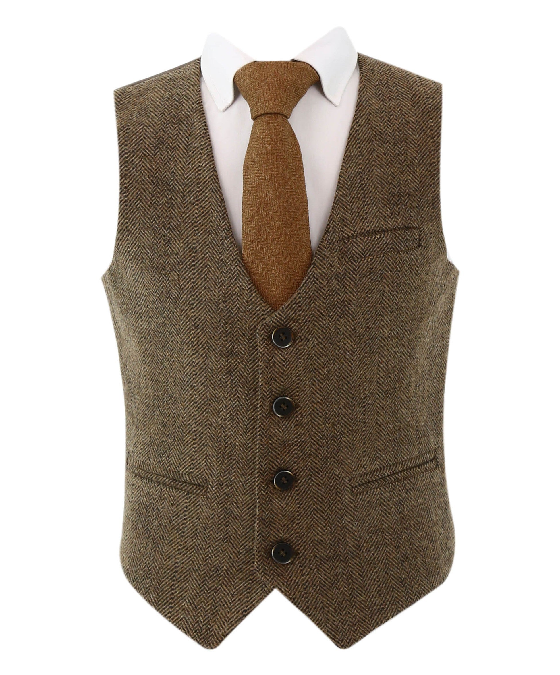 Boys Herringbone Tweed Single-breasted Formal Waistcoat - Brown