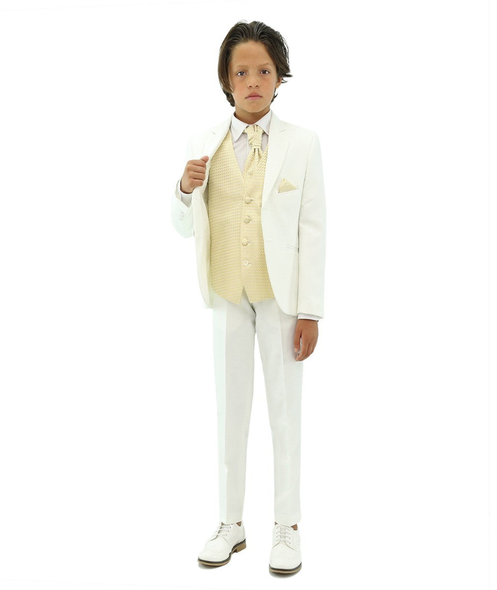 Boys White Suit with Gold Waistcoat and Cravate Set - White and choice of waistcoat