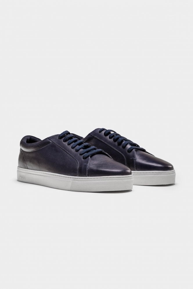 Men's Genuine Leather Lace Up Sneakers - Navy Blue