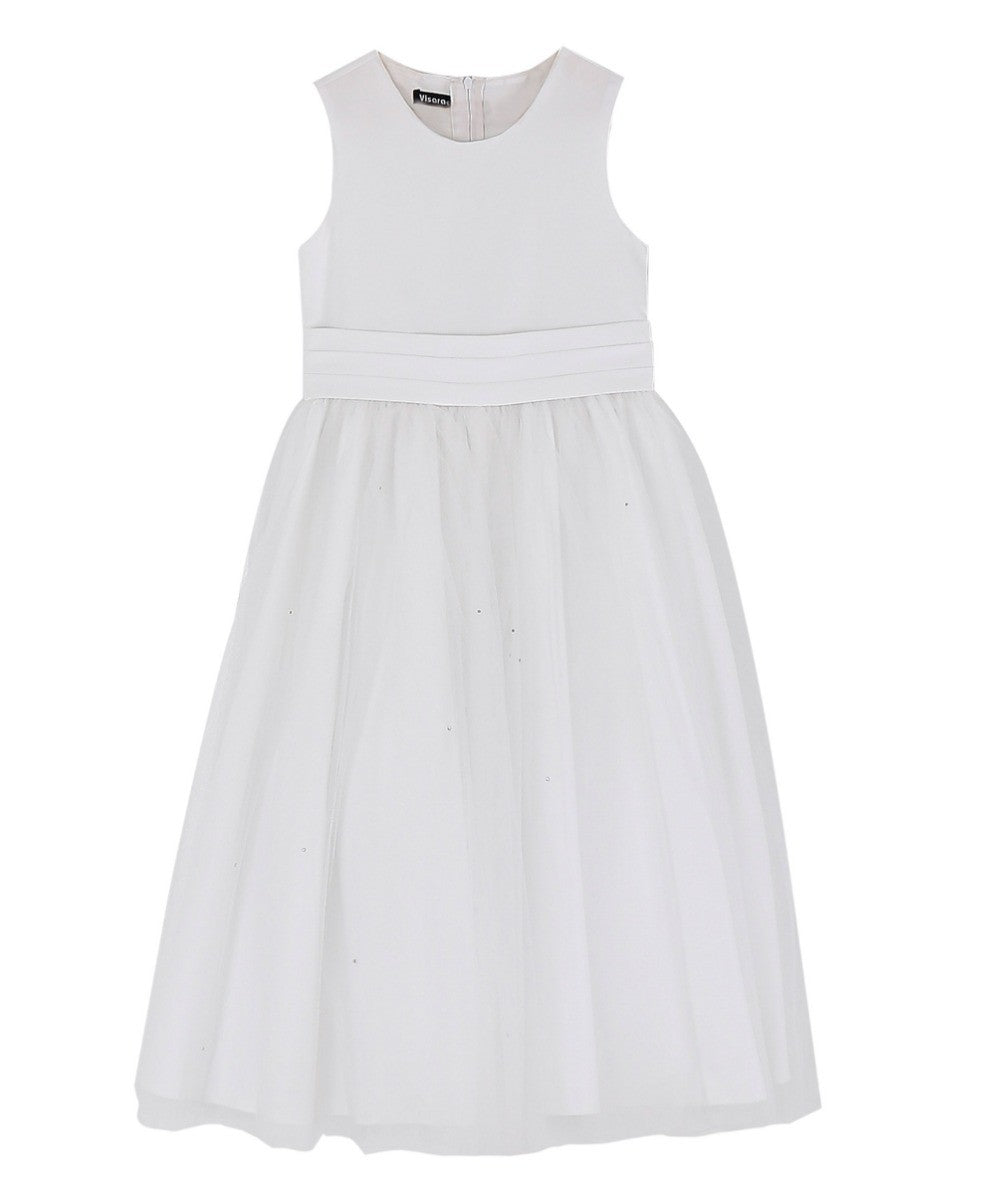 Flower Girls Sleeveless Tulle Communion Dress - White