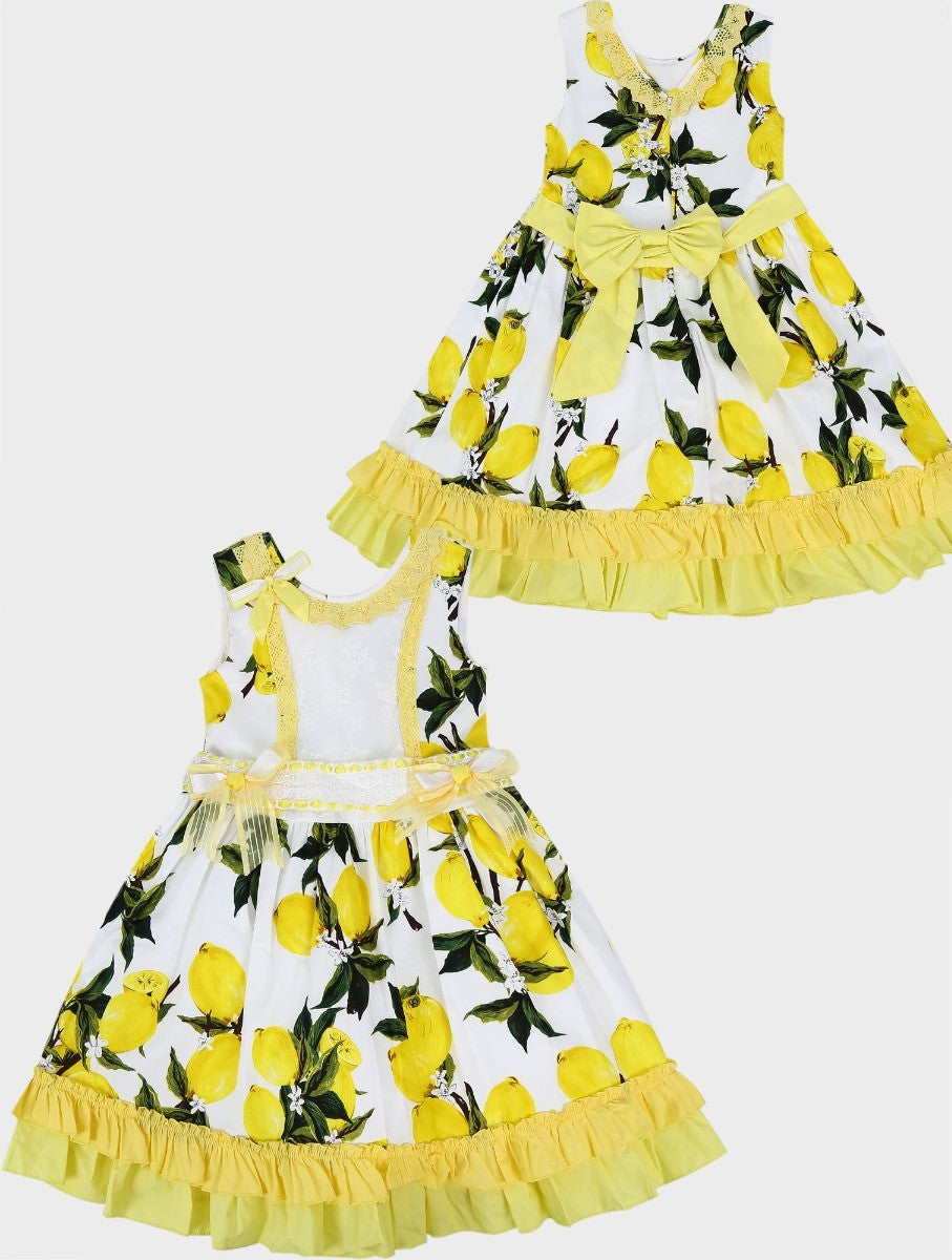 Girls Floral Sleeveless Lace Ruffles Dress - White and Yellow