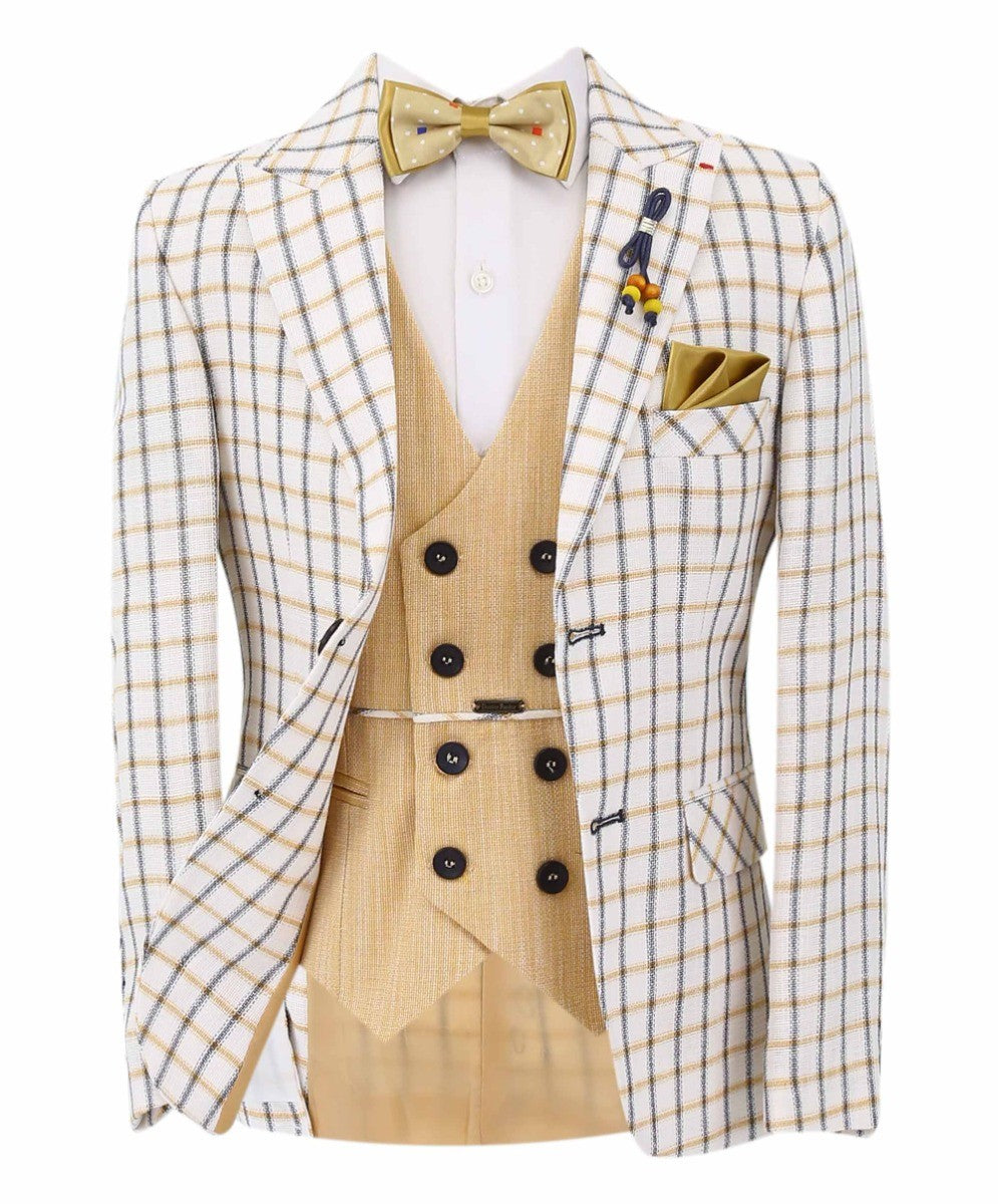 Boys Check Blazer and Double-breasted Waistcoat Suit Set - Mustard