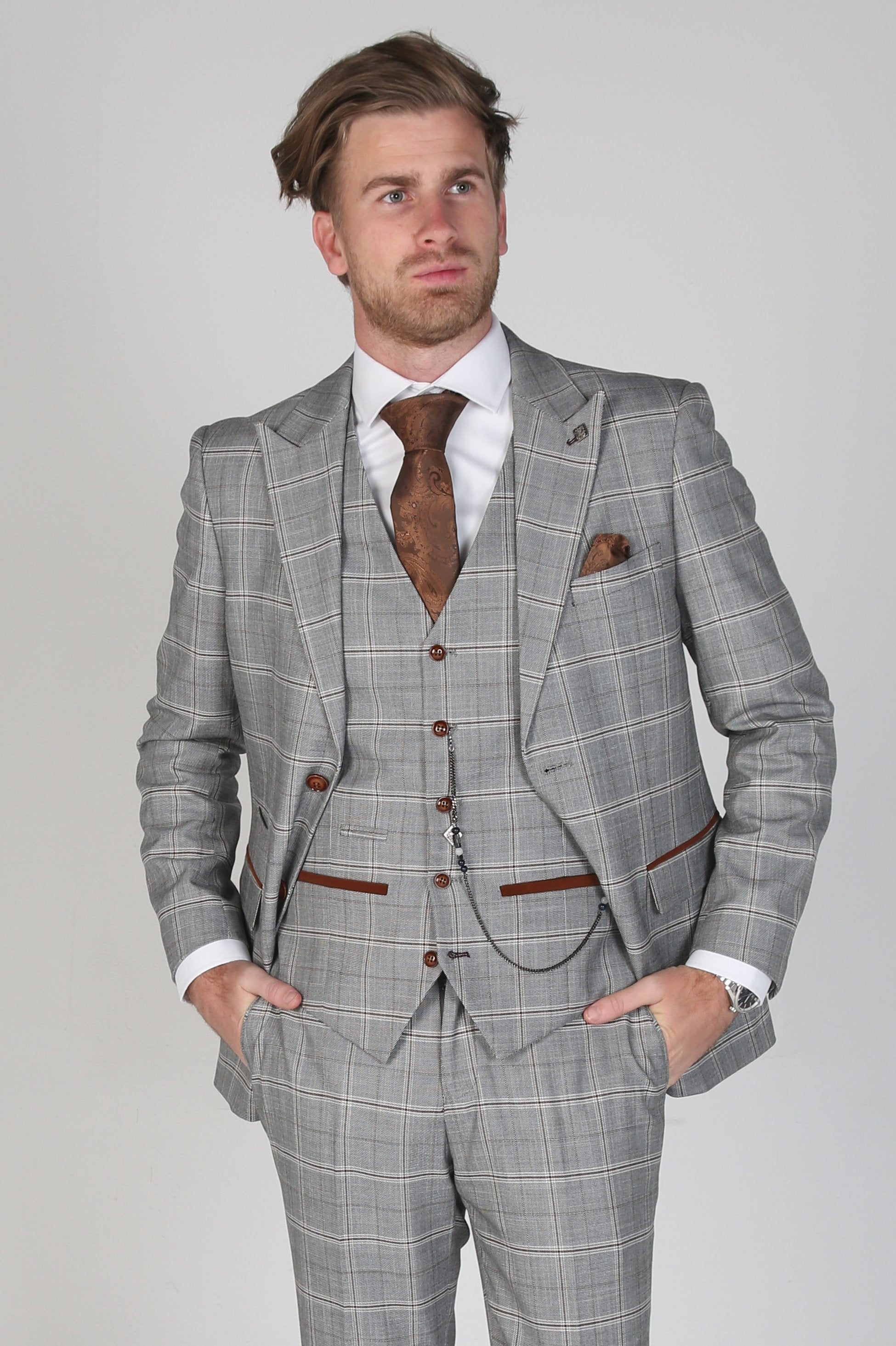 Men's Windowpane Check Grey Suit - FRANCIS - Grey