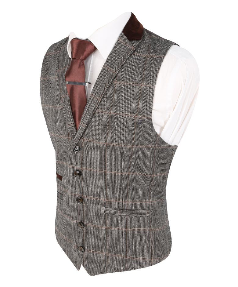 Men's Tweed Check Retro Suit Waistcoat - Connall Brown - Brown