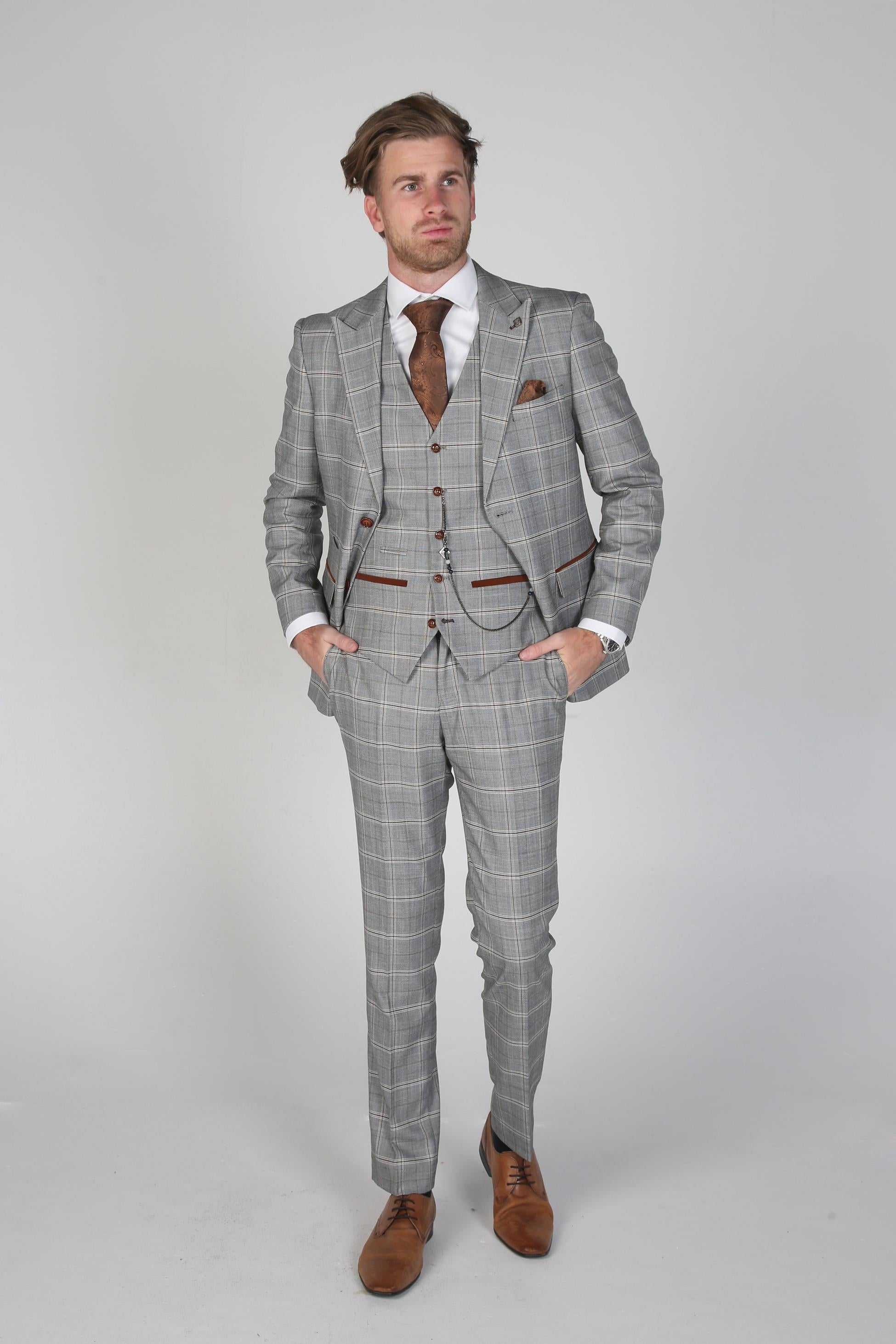 Men's Windowpane Check Grey Suit - FRANCIS - Grey