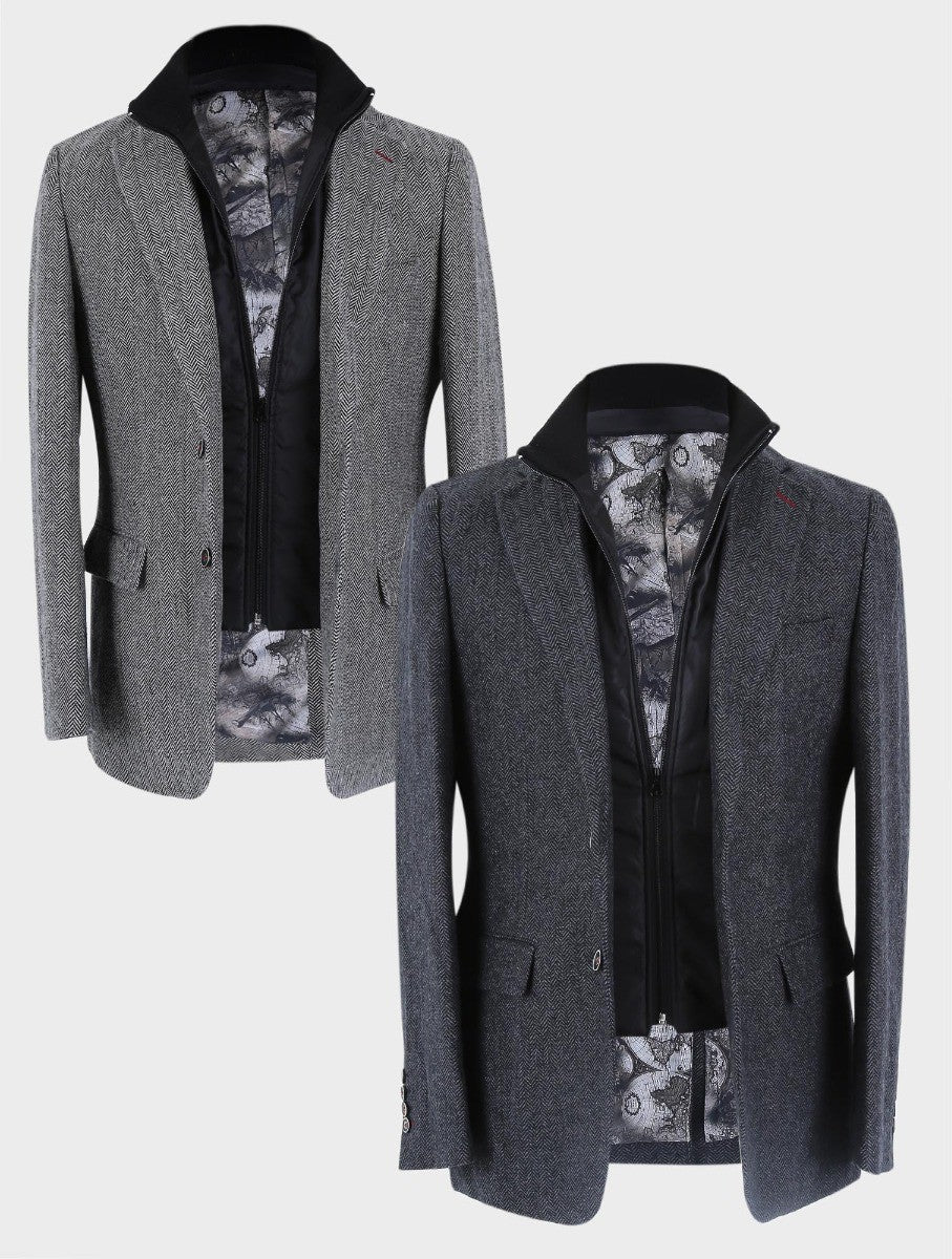 Men's Wool Herringbone Tweed Coat with Removable Zipper - Alexander - Light Grey