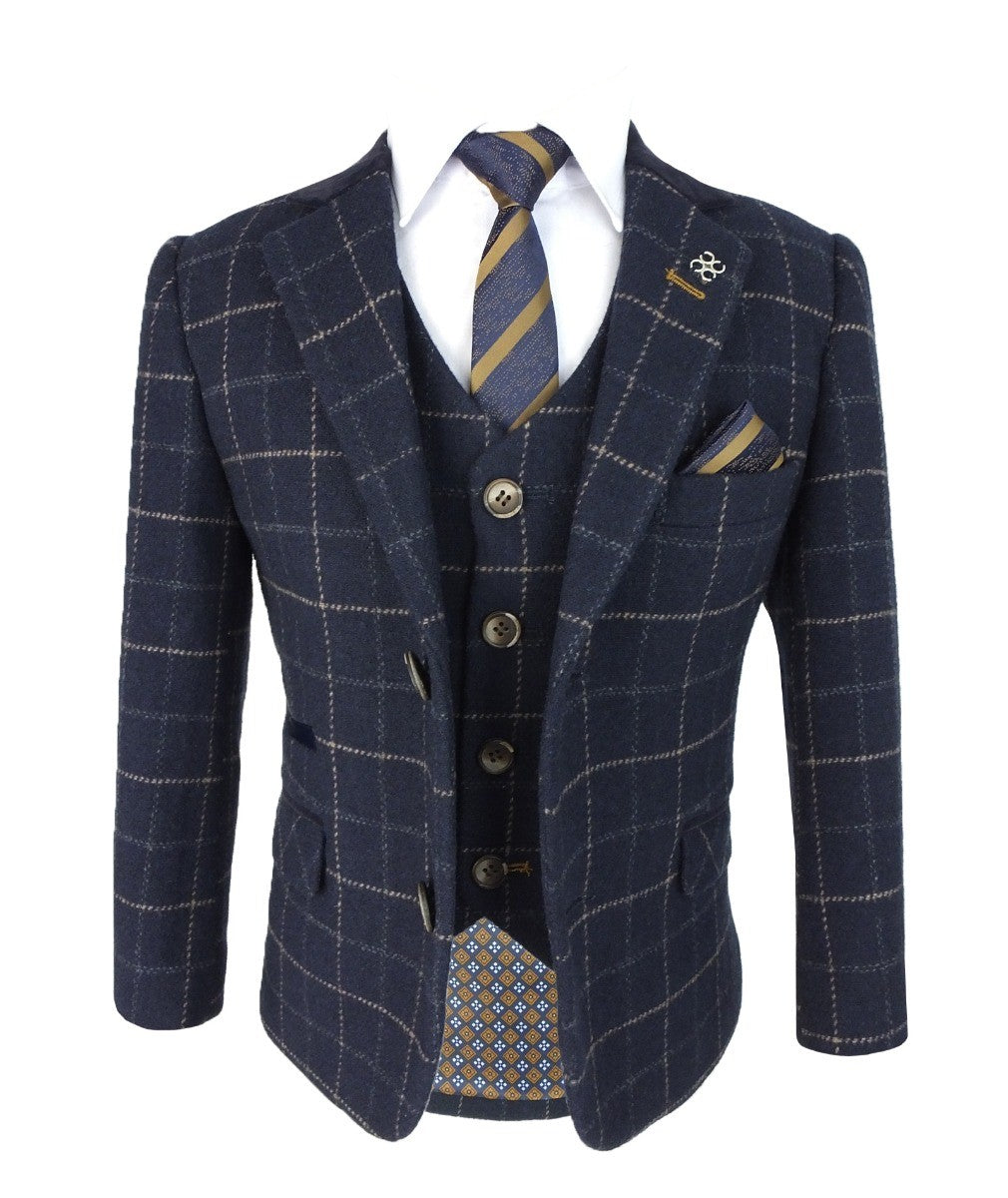 Boys Tweed Windowpane Check Slim Fit Suit - SHELBY - Navy Blue