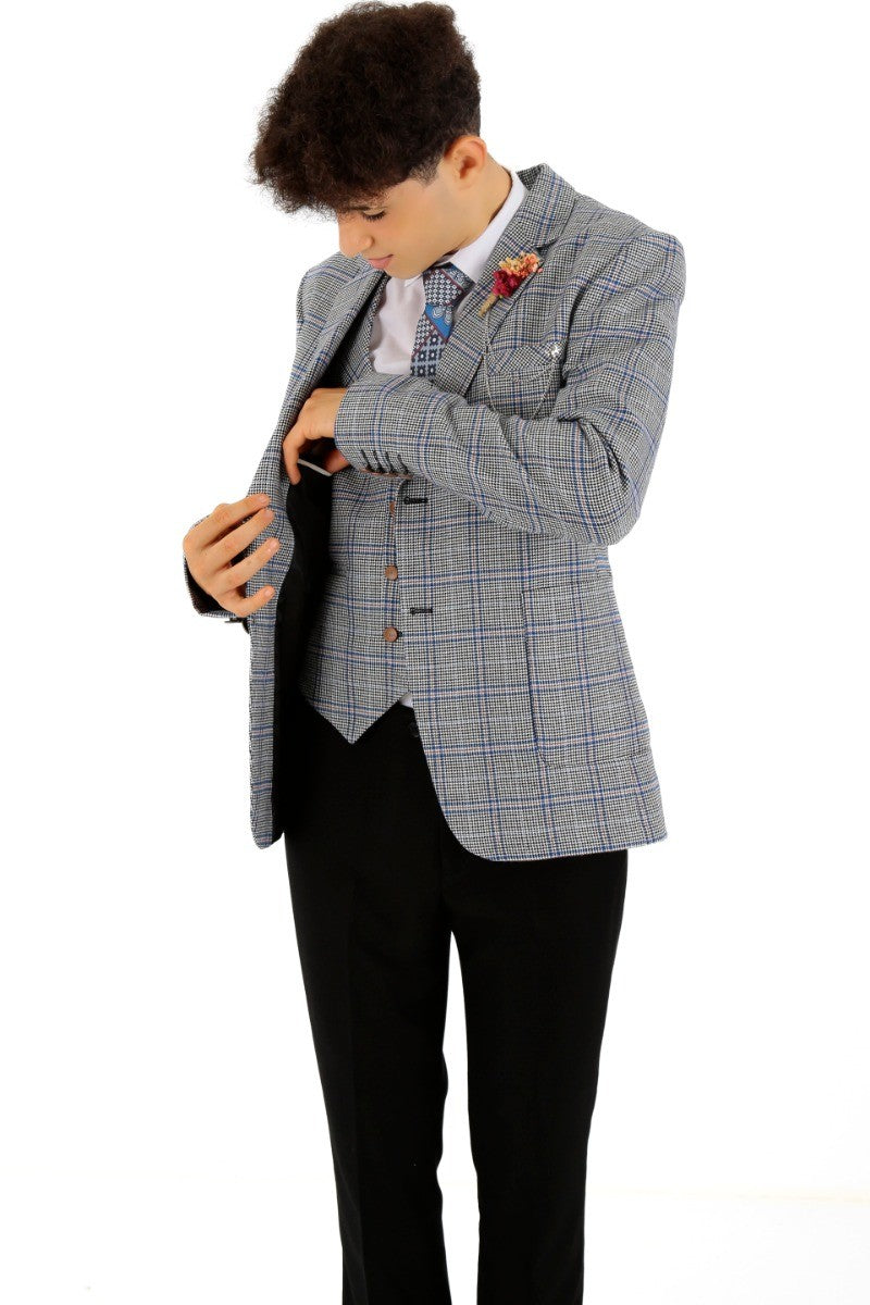 Boys Windowpane Check Slim Fit Suit - Blue - Black