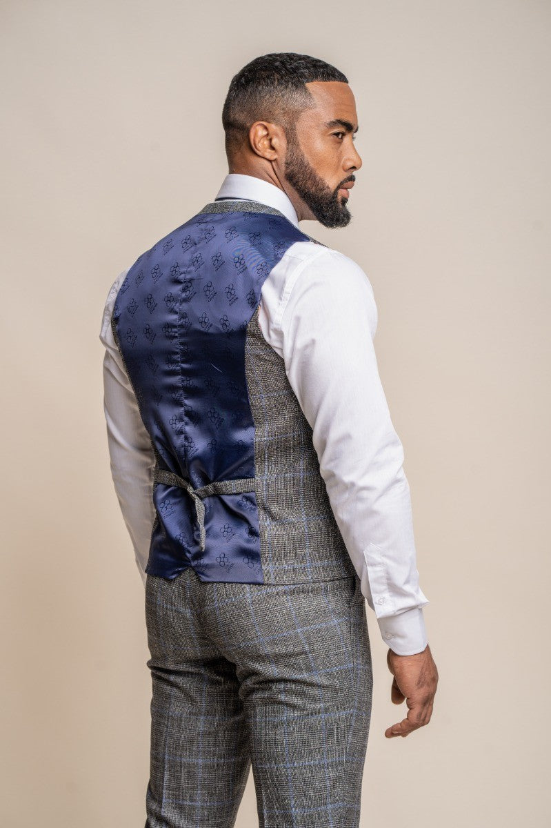 Men's Tweed Retro Check Grey Waistcoat - POWER - Grey